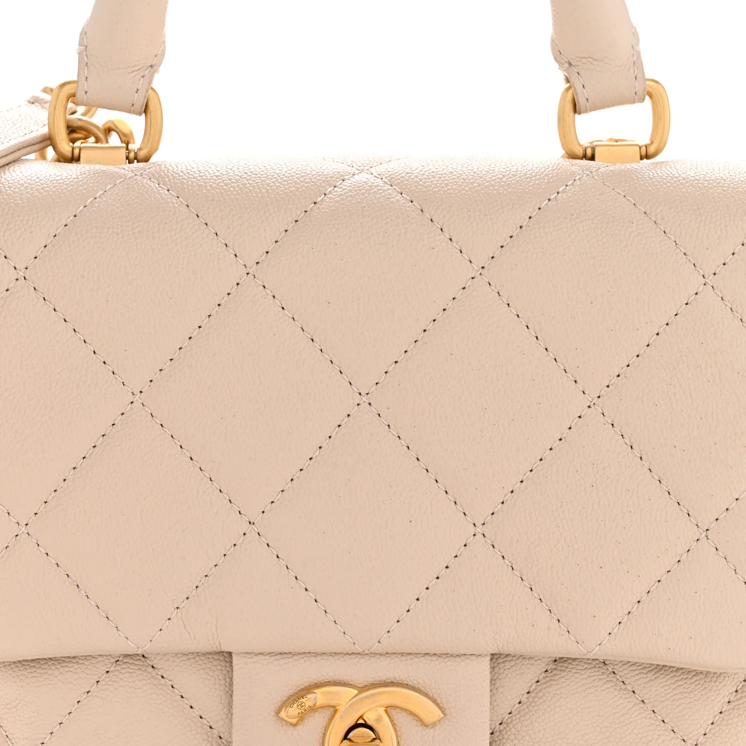 Shiny Caviar Quilted Mini Top Handle Flap Ecru - Image 8