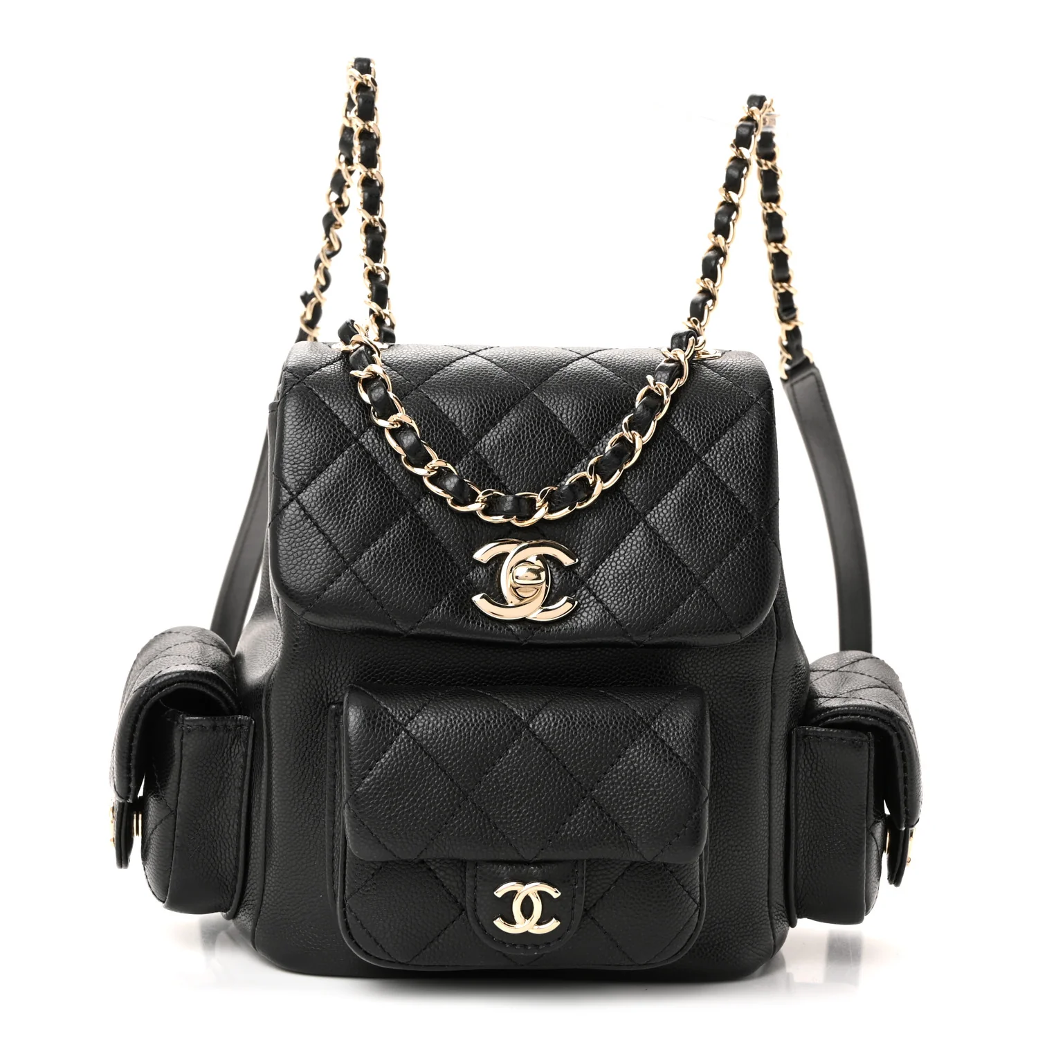 Shiny Caviar Quilted Small Duma Pockets Drawstring Backpack Black - Image 3