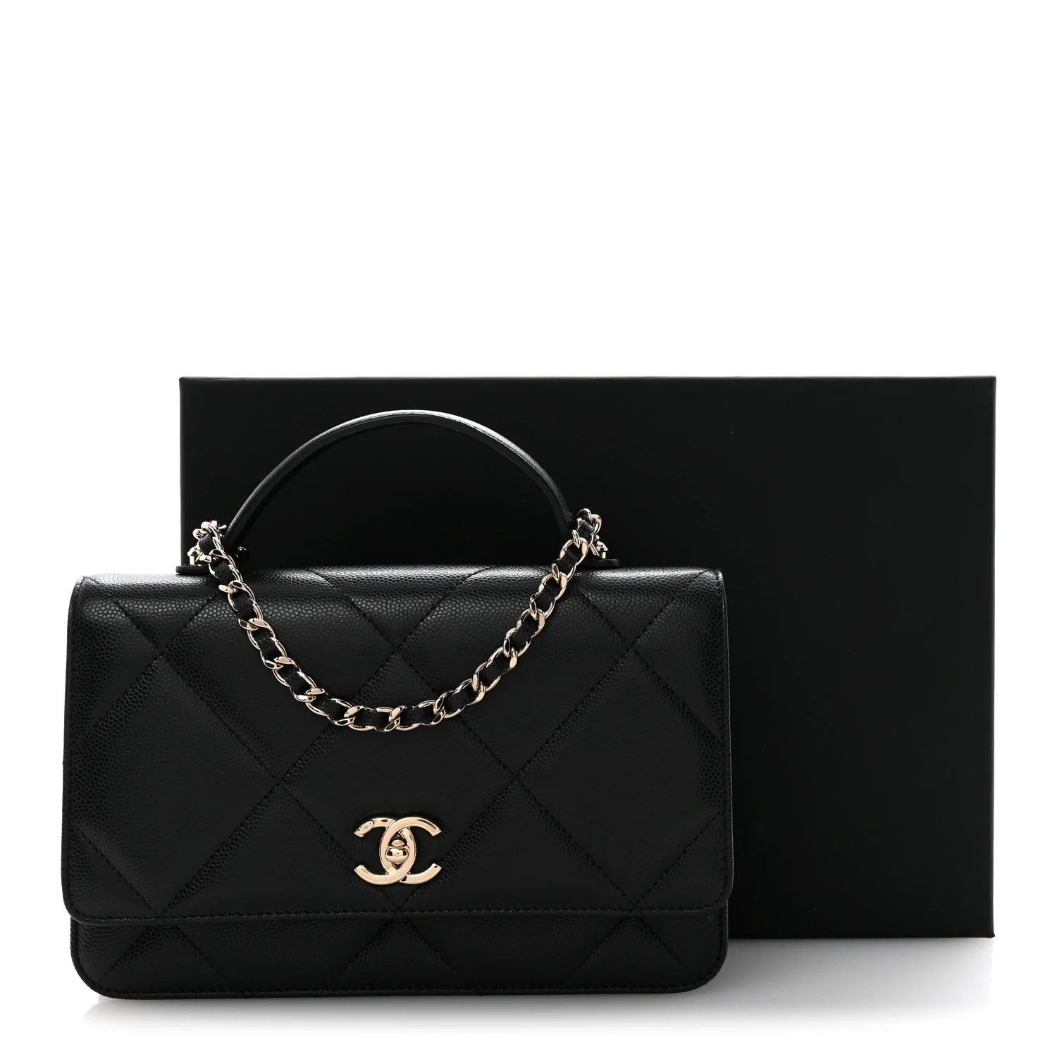 Shiny Caviar Quilted Turnlock Top Handle Wallet On Chain WOC Black - Image 11