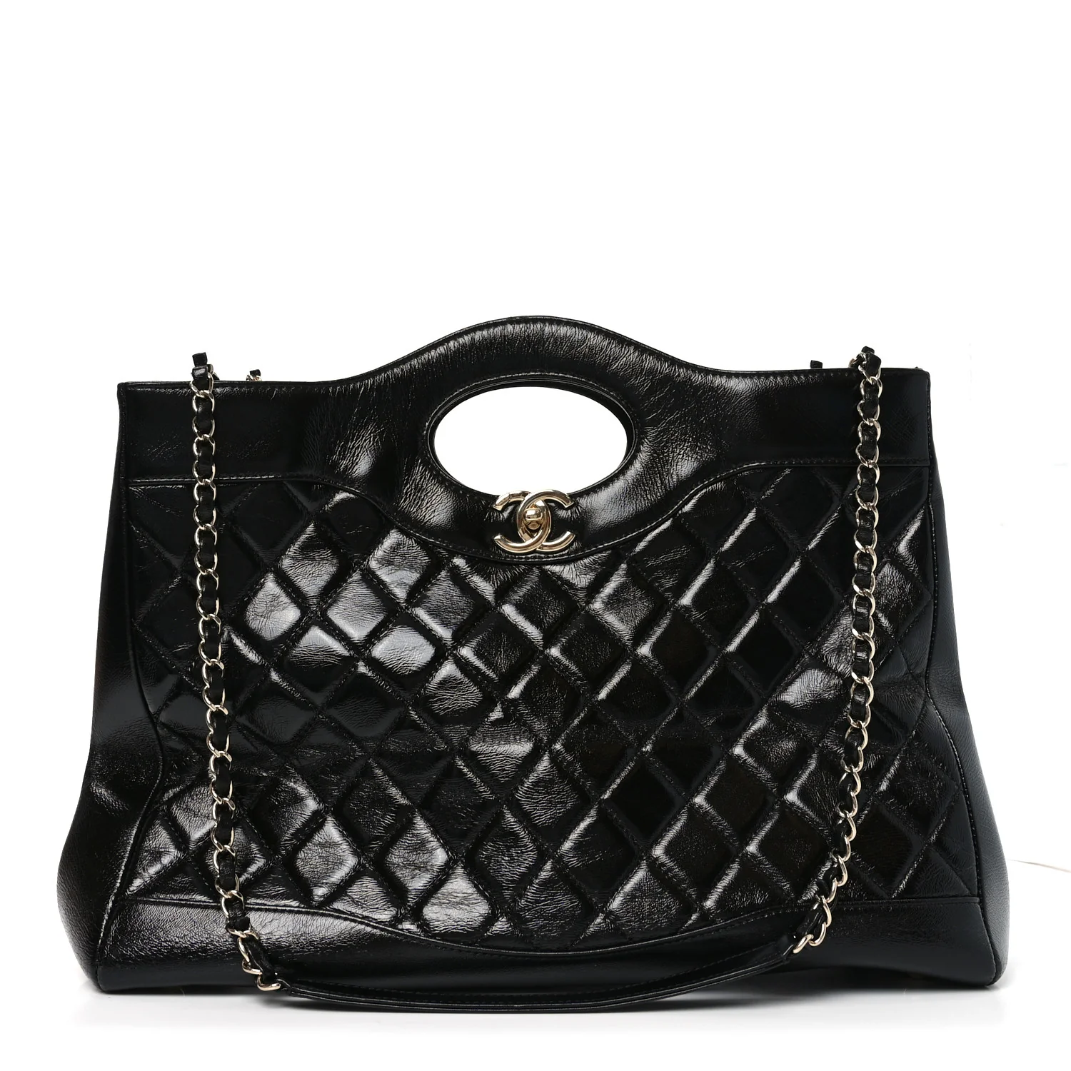 Shiny Crumpled Calfskin Quilted Large 31 Shopping Bag Black