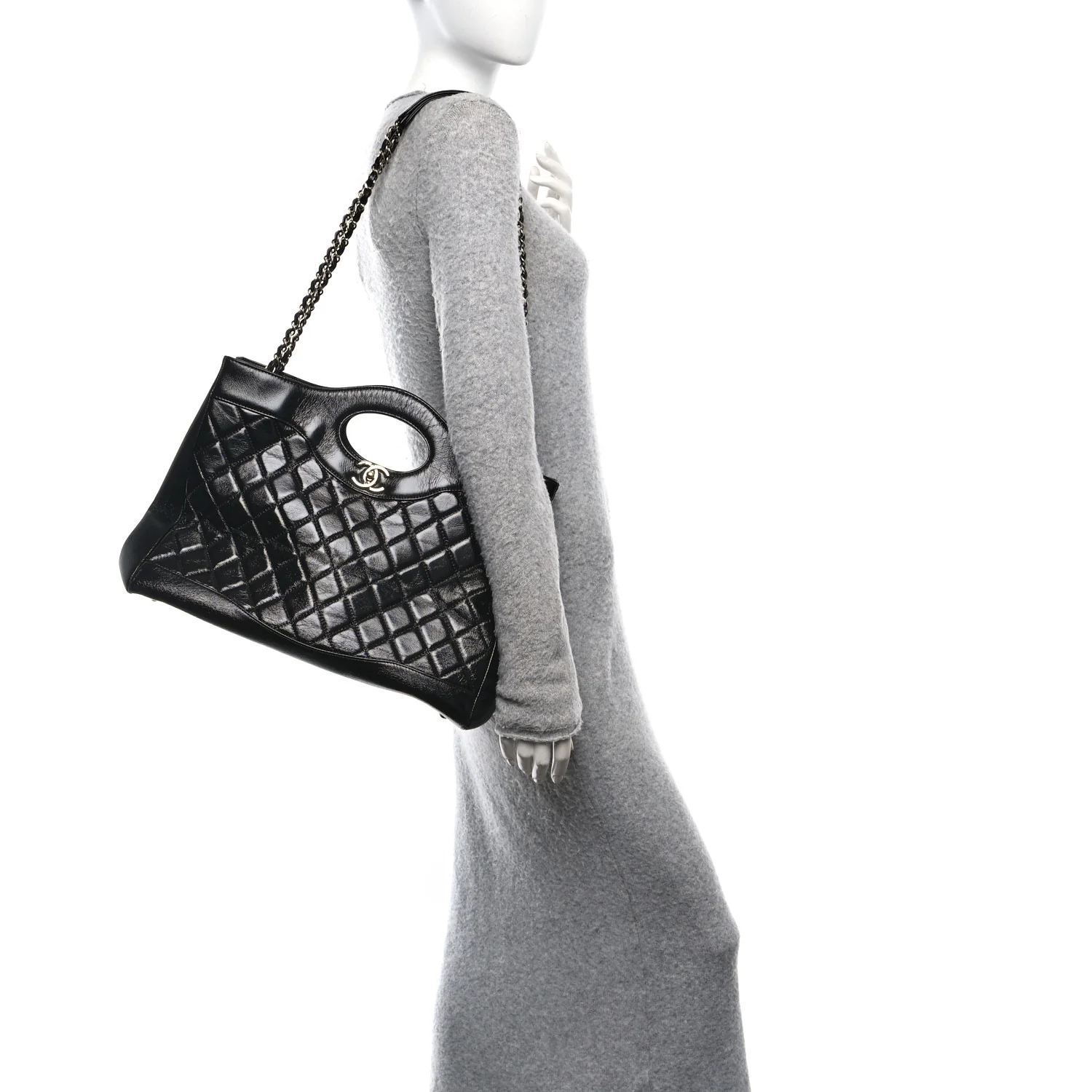 Shiny Crumpled Calfskin Quilted Large 31 Shopping Bag Black - Image 2