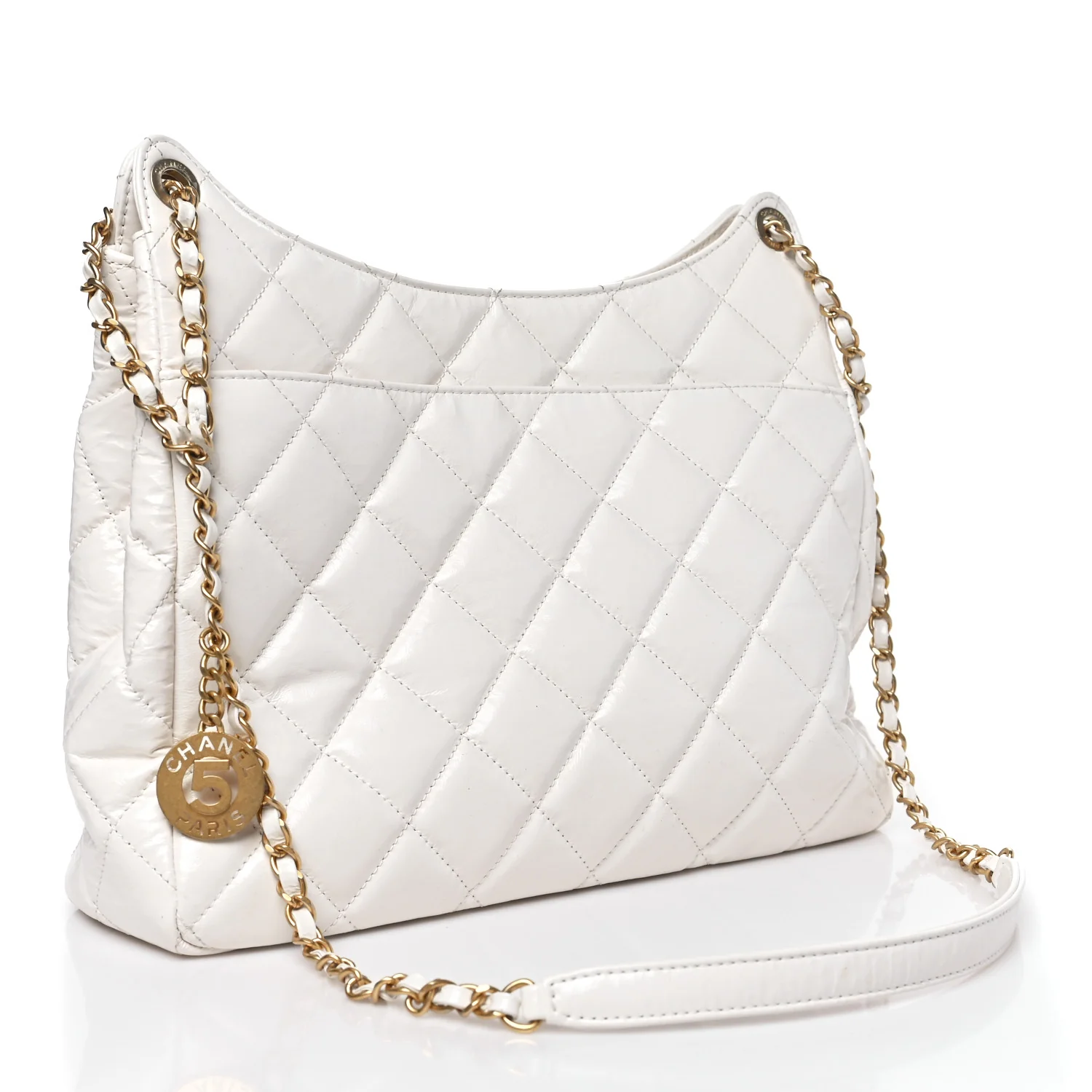 Shiny Crumpled Calfskin Quilted Large Wavy CC Hobo White - Image 3