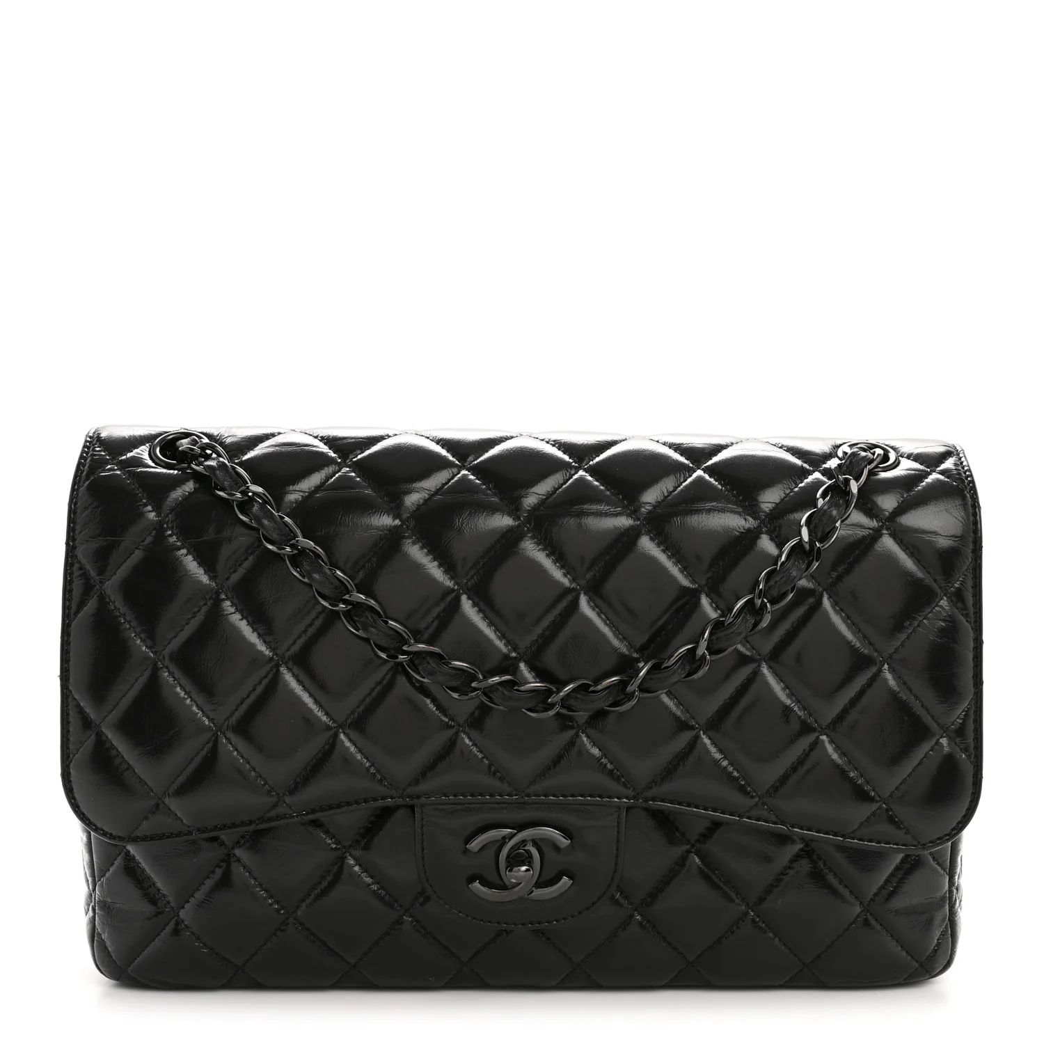 Shiny Crumpled Calfskin Quilted Medium Double Flap So Black