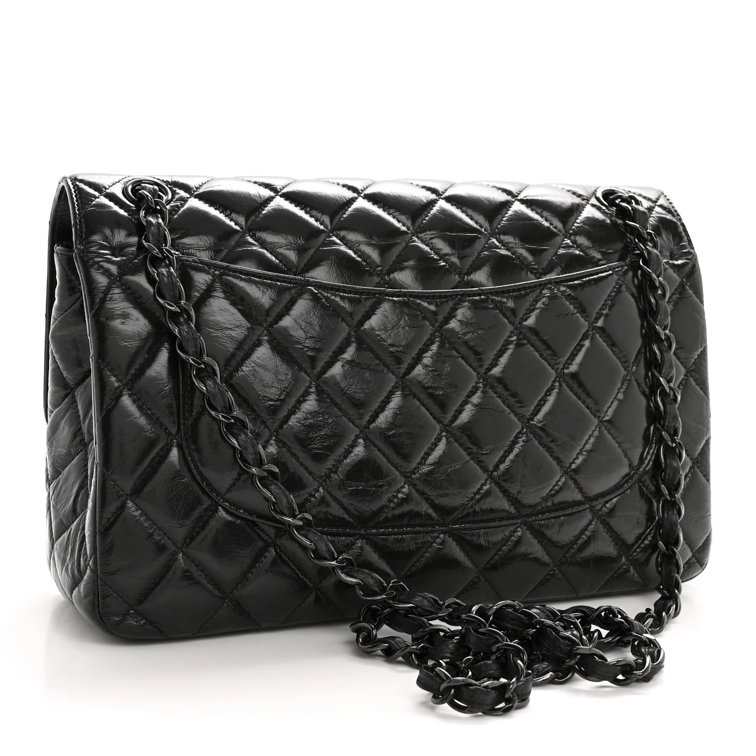 Shiny Crumpled Calfskin Quilted Medium Double Flap So Black - Image 3