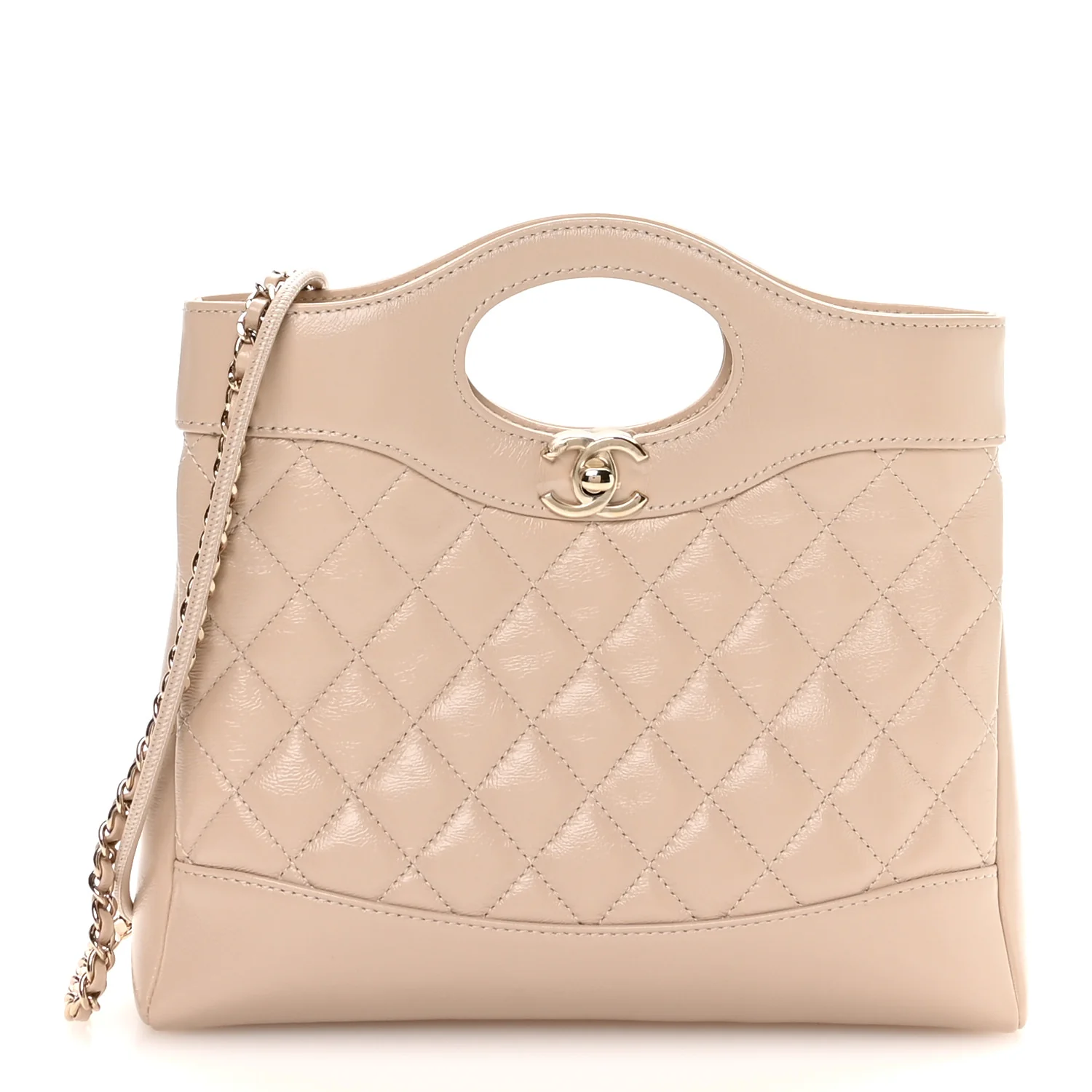 Shiny Crumpled Calfskin Quilted Mini 31 Shopping Bag Beige