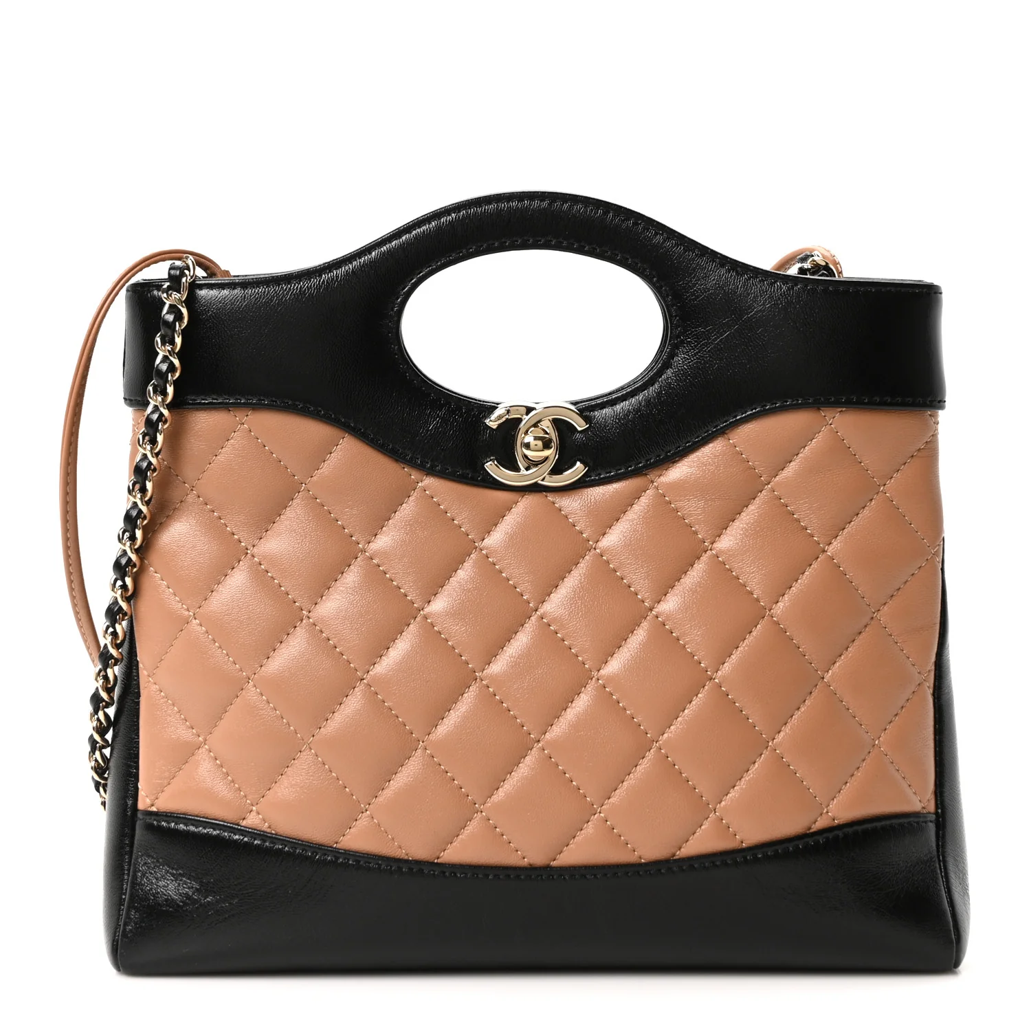 Shiny Crumpled Calfskin Quilted Mini 31 Shopping Bag Dark Beige Black