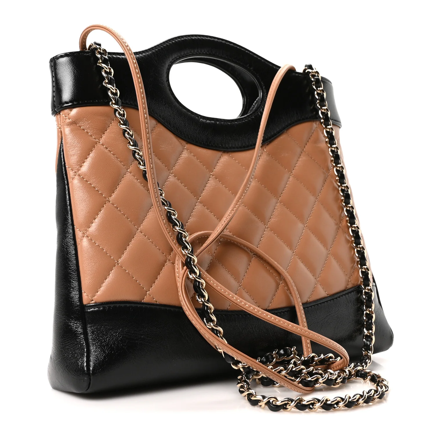 Shiny Crumpled Calfskin Quilted Mini 31 Shopping Bag Dark Beige Black - Image 3