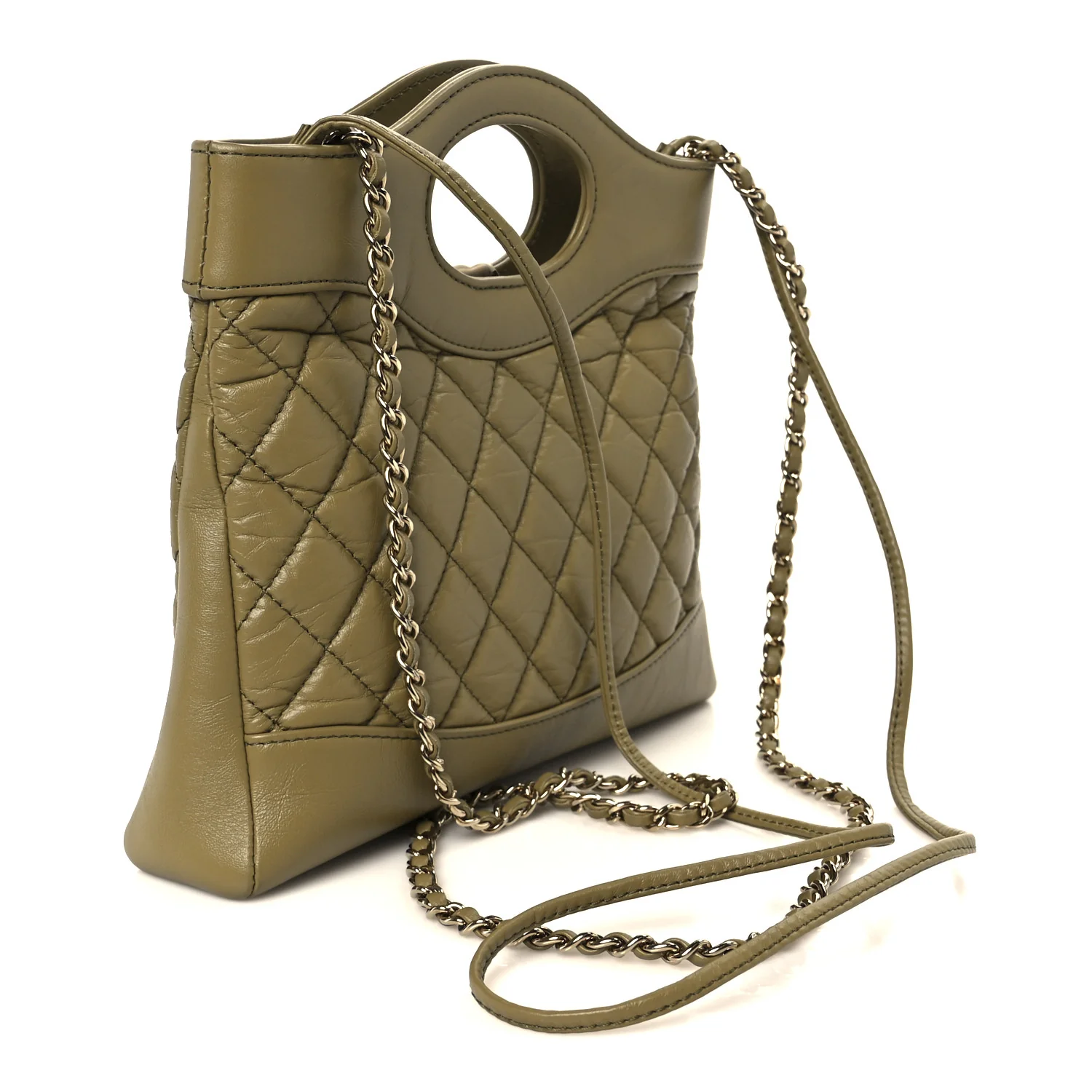 Shiny Crumpled Calfskin Quilted Mini 31 Shopping Bag Khaki - Image 3