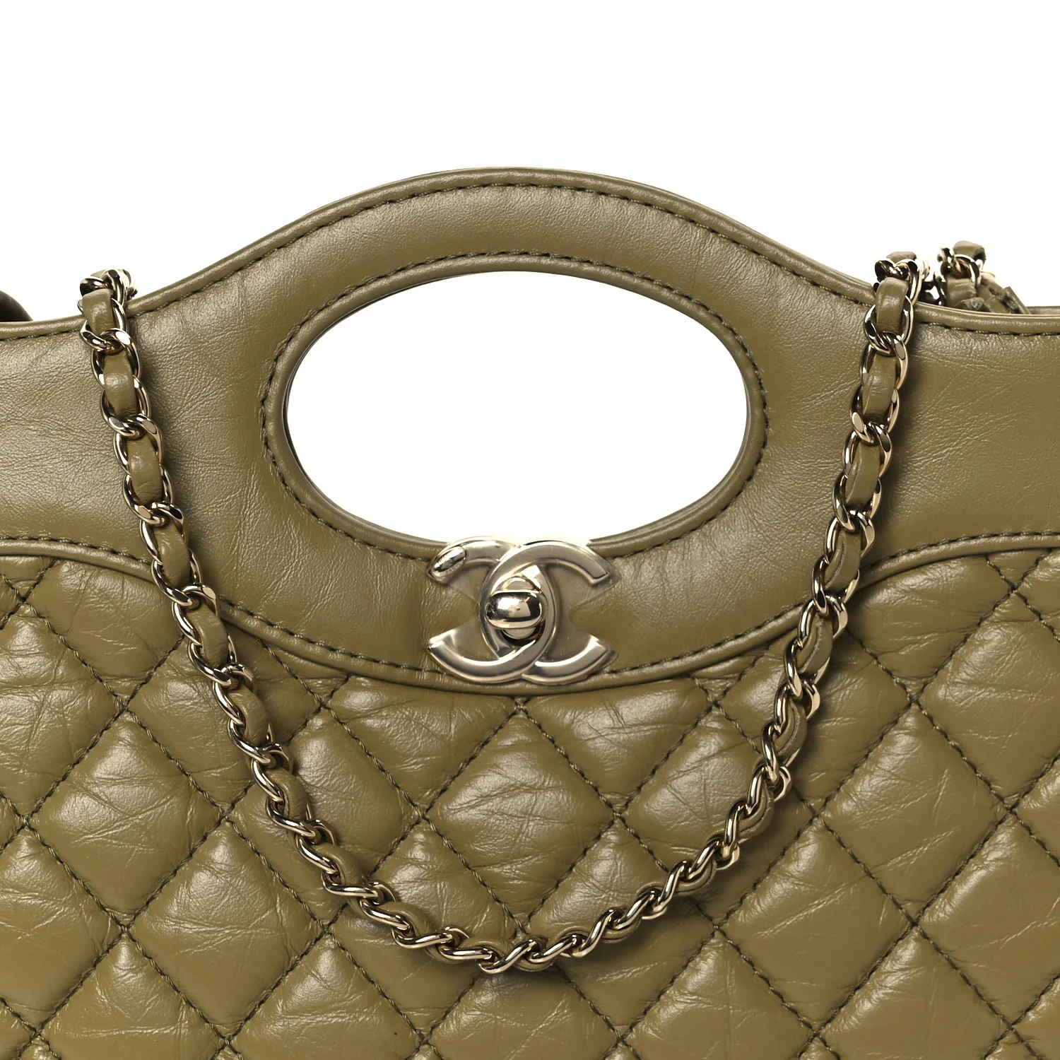 Shiny Crumpled Calfskin Quilted Mini 31 Shopping Bag Khaki - Image 8
