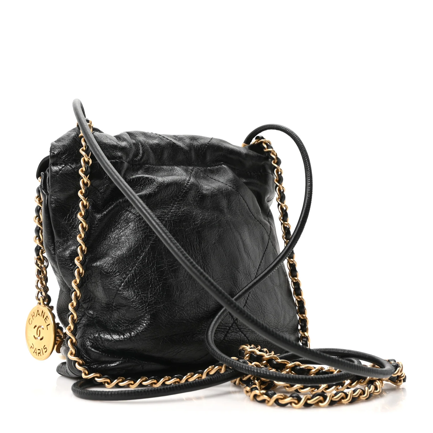 Shiny Crumpled Calfskin Quilted Pearl Mini Chanel 22 Black - Image 3