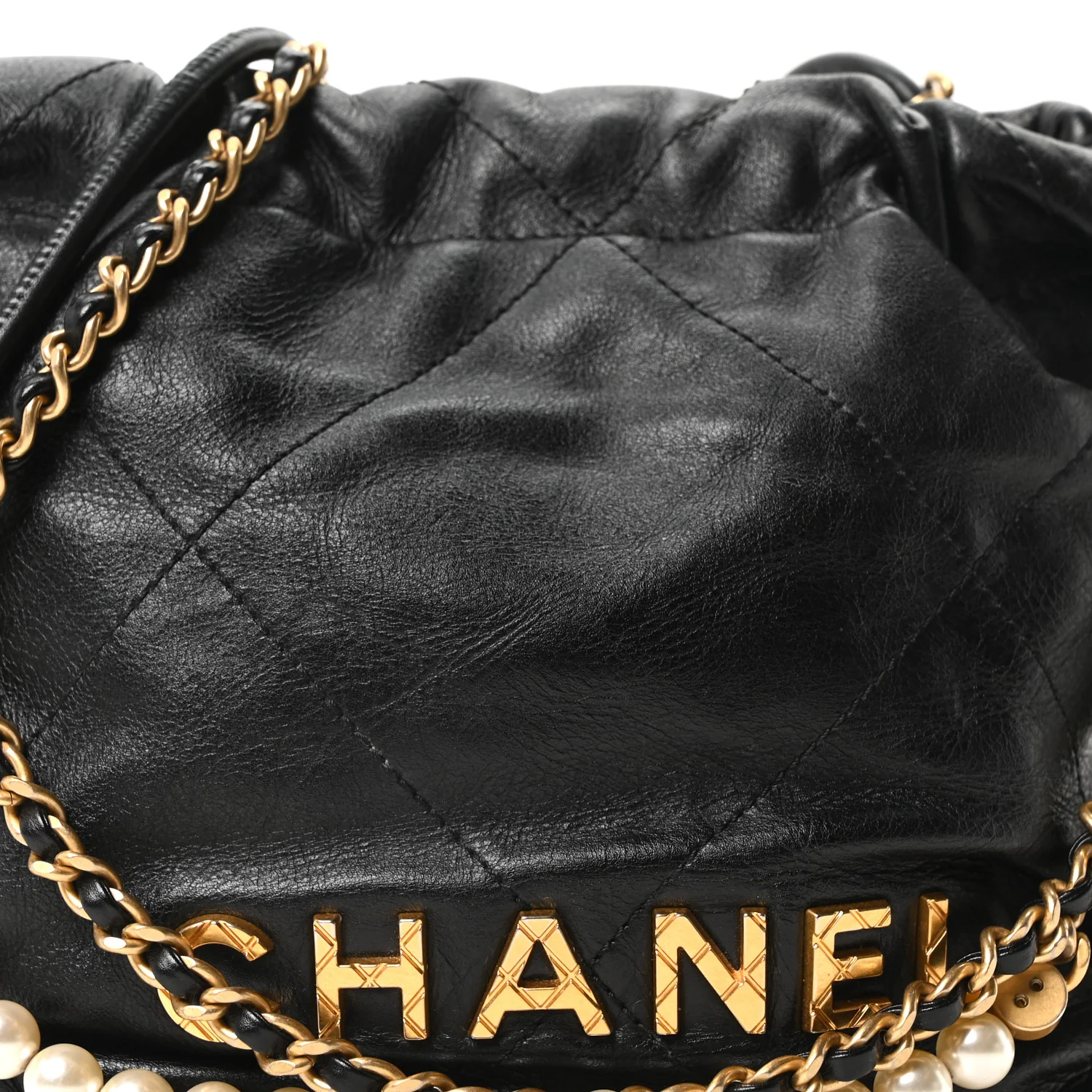 Shiny Crumpled Calfskin Quilted Pearl Mini Chanel 22 Black - Image 8