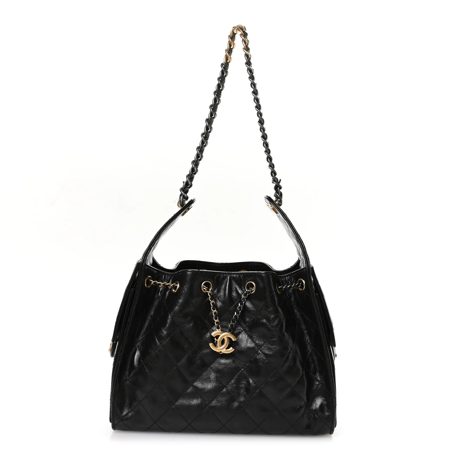 Shiny Crumpled Calfskin Quilted Small Chanel 25 Handbag Black