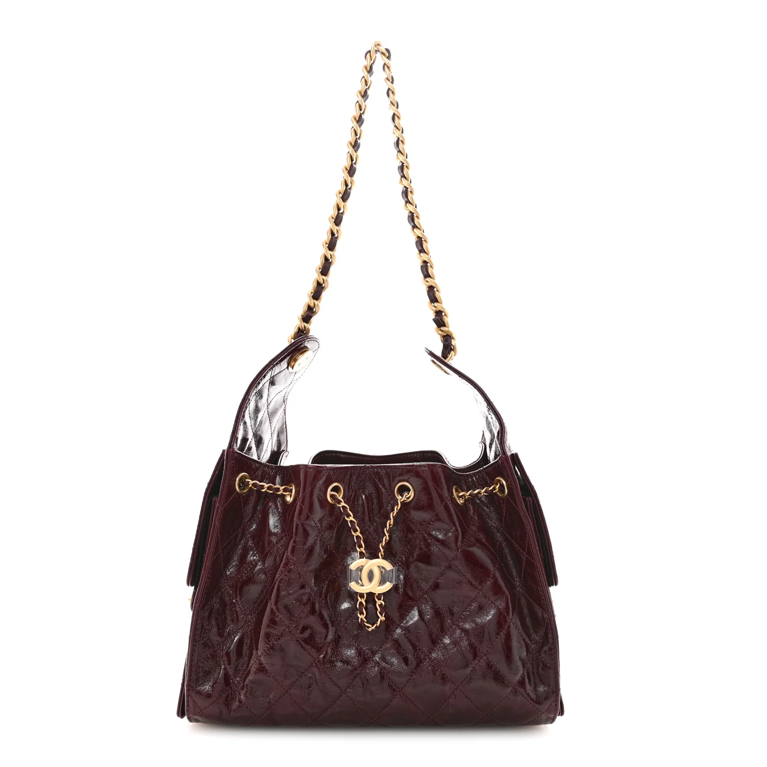 Shiny Crumpled Calfskin Quilted Small Chanel 25 Handbag Burgundy
