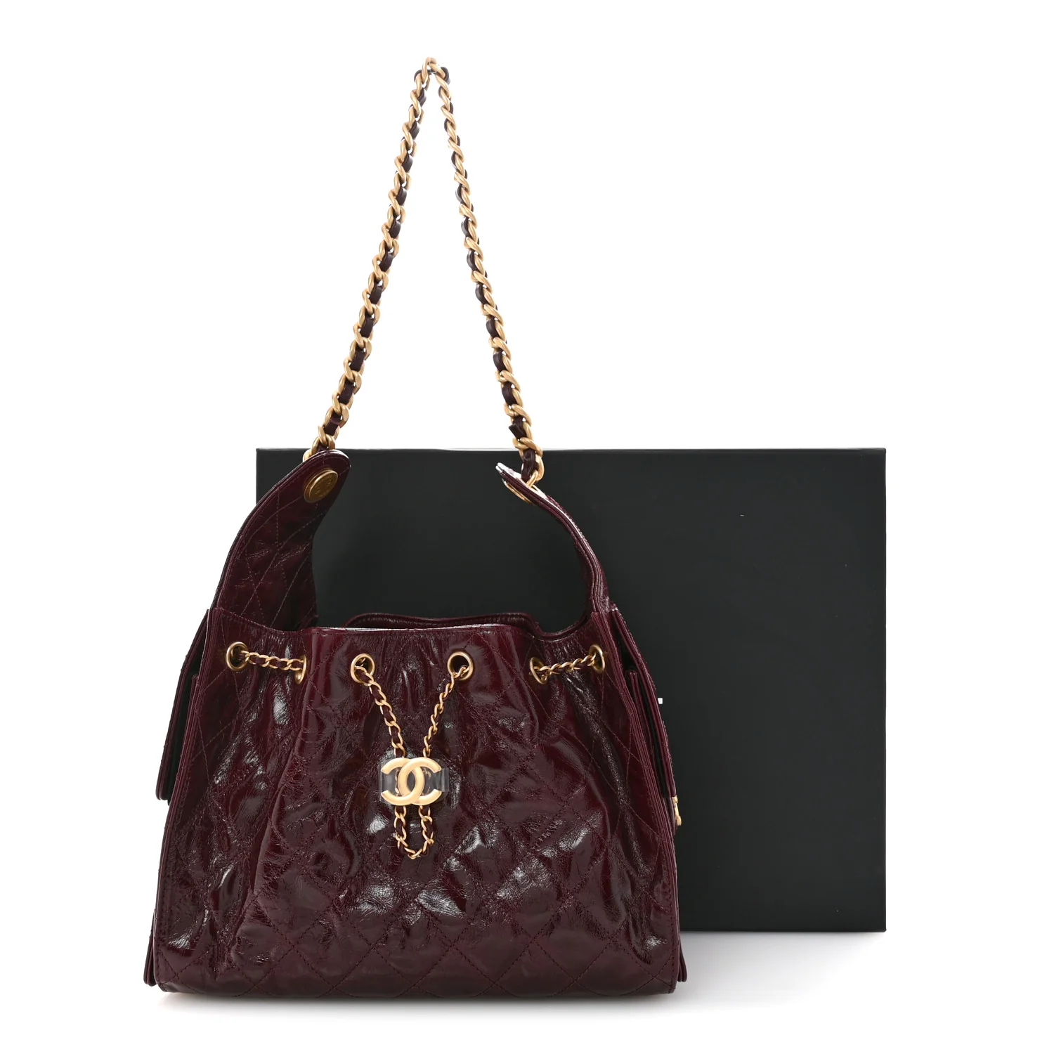 Shiny Crumpled Calfskin Quilted Small Chanel 25 Handbag Burgundy - Image 11