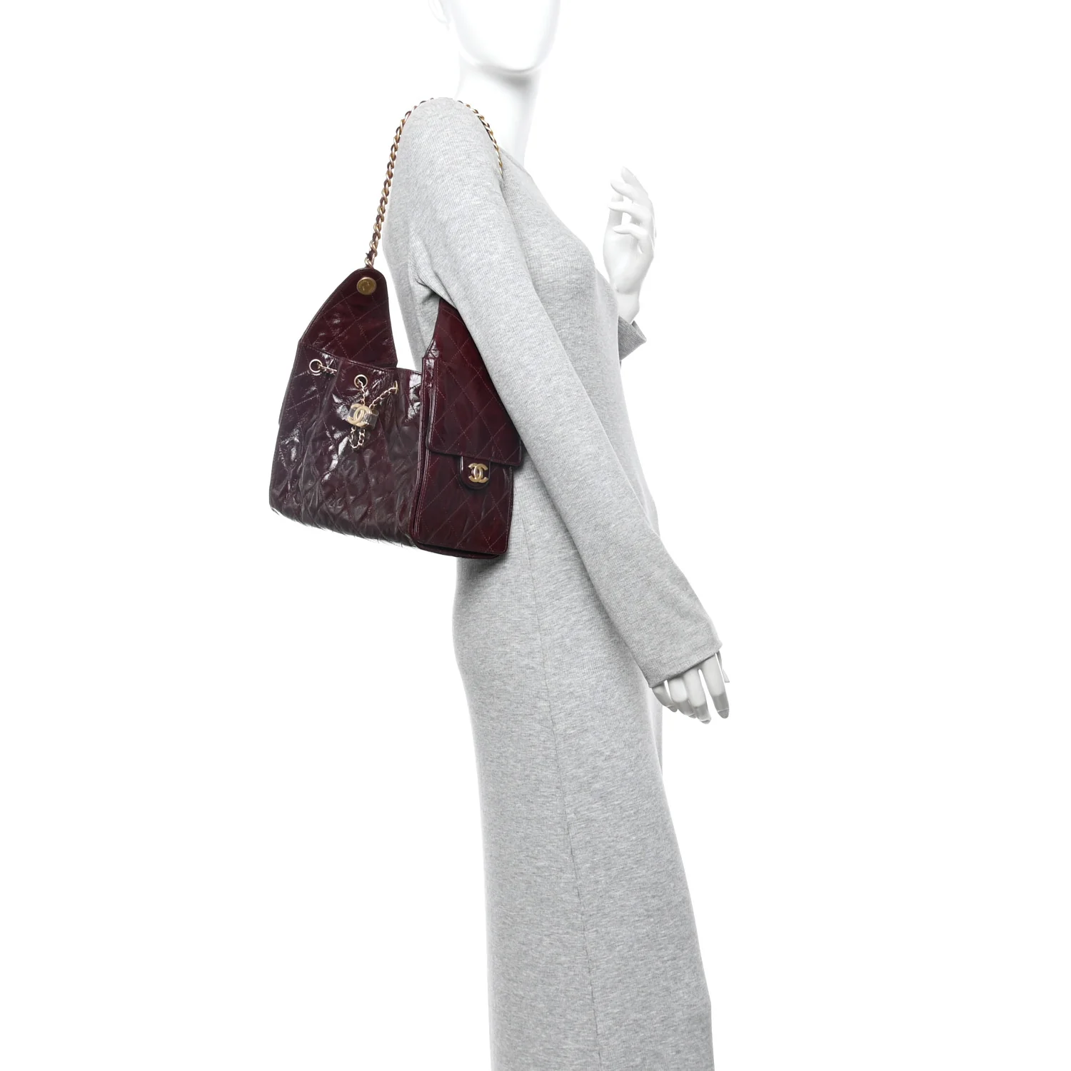 Shiny Crumpled Calfskin Quilted Small Chanel 25 Handbag Burgundy - Image 2