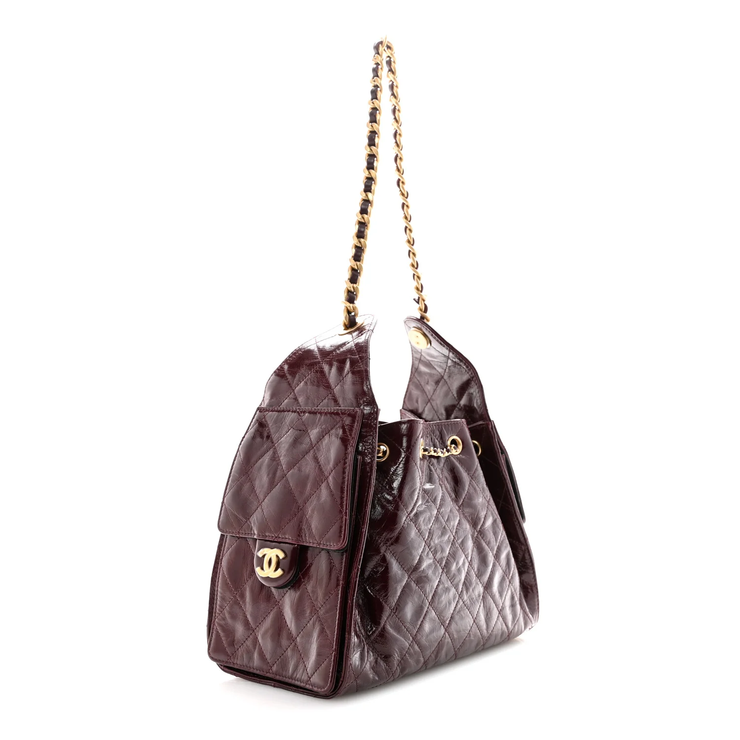Shiny Crumpled Calfskin Quilted Small Chanel 25 Handbag Burgundy - Image 3
