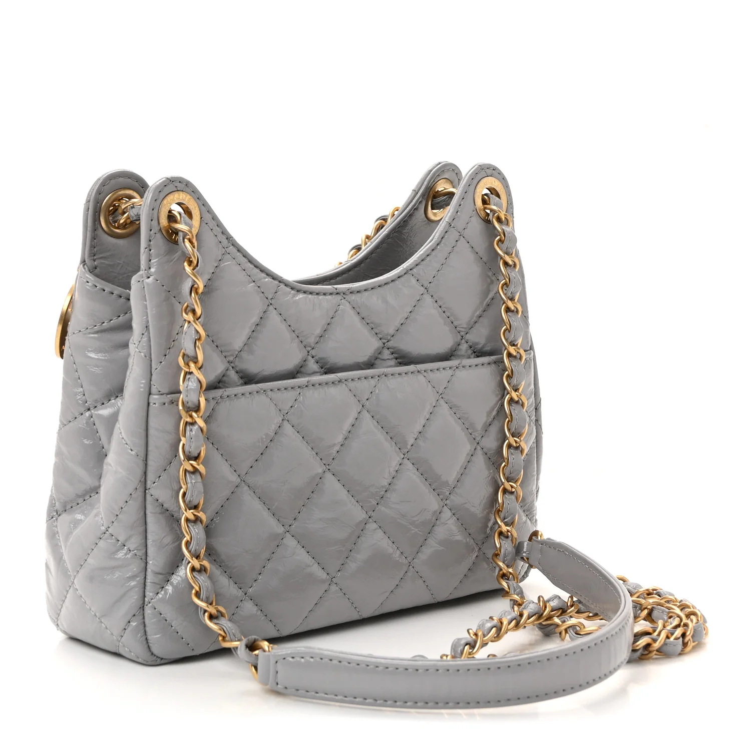 Shiny Crumpled Calfskin Quilted Small Wavy CC Hobo Grey - Image 2