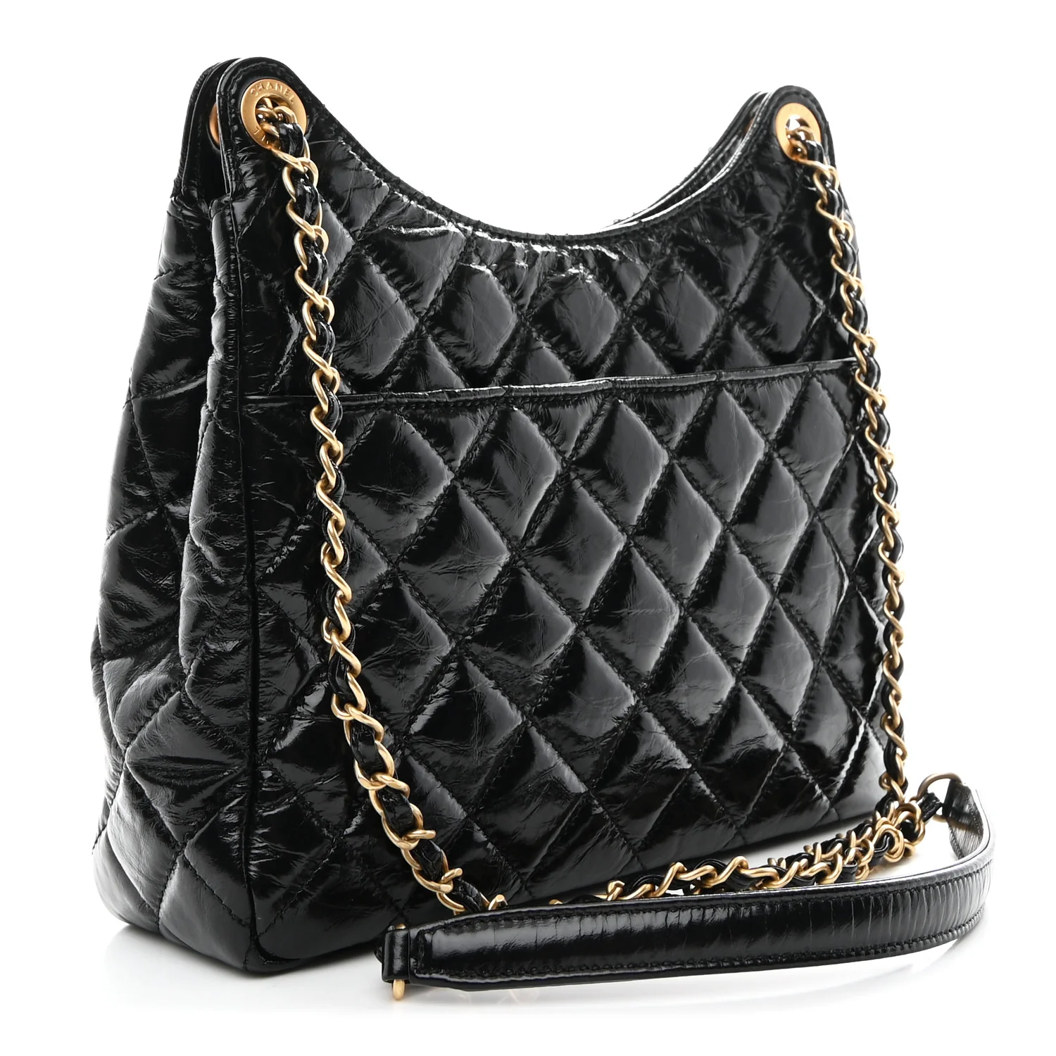 Shiny Crumpled Calfskin Quilted Wavy CC Hobo Black - Image 3