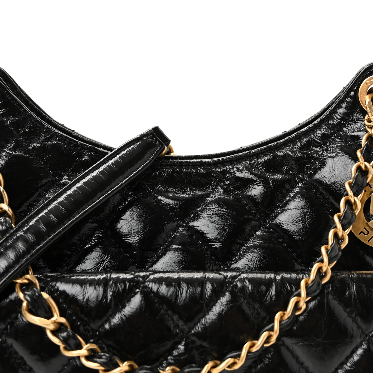 Shiny Crumpled Calfskin Quilted Wavy CC Hobo Black - Image 7