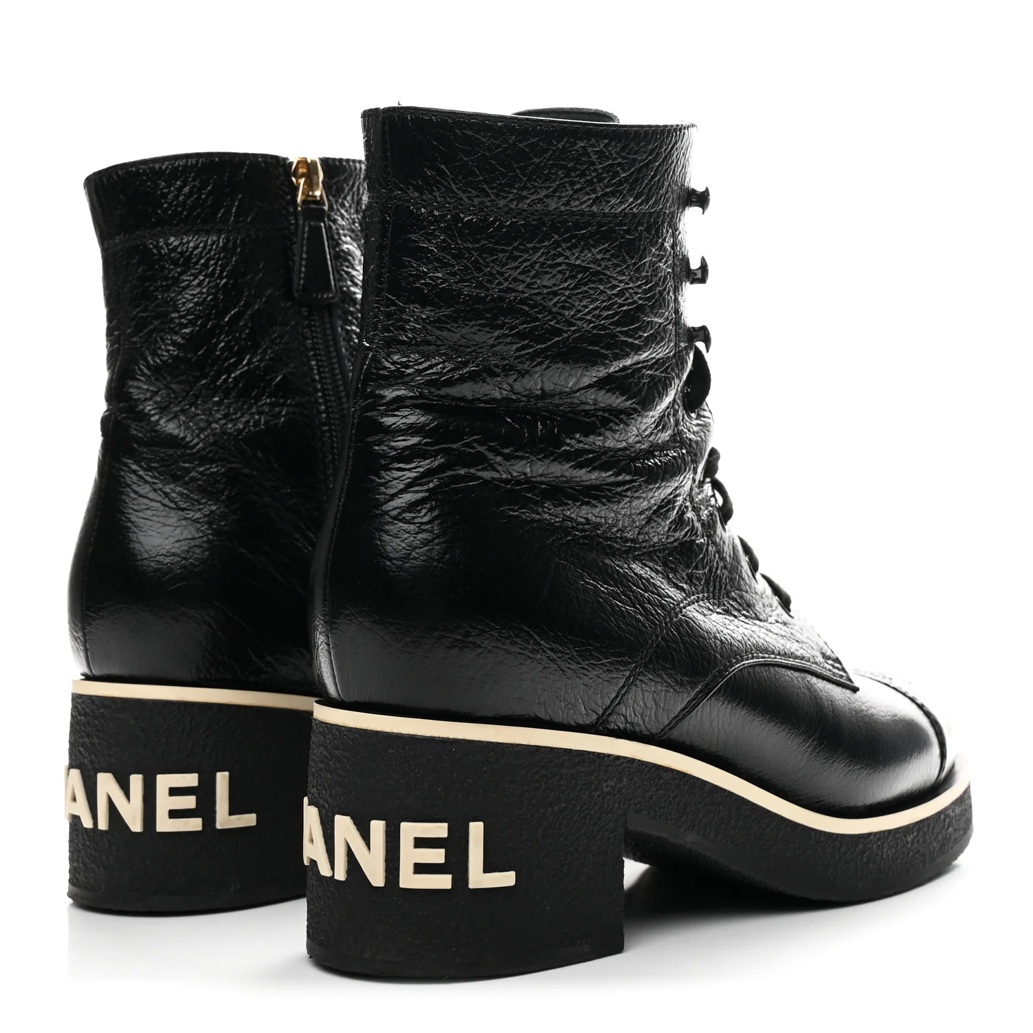 Shiny Crumpled Lambskin Lace Up Combat Boots 39 Black - Image 5