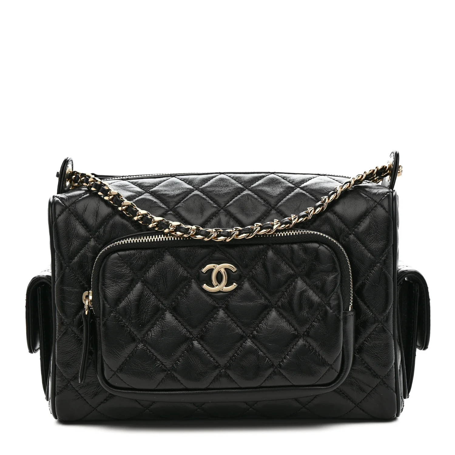 Shiny Crumpled Lambskin Quilted Medium Preppy Pocket Camera Case Black