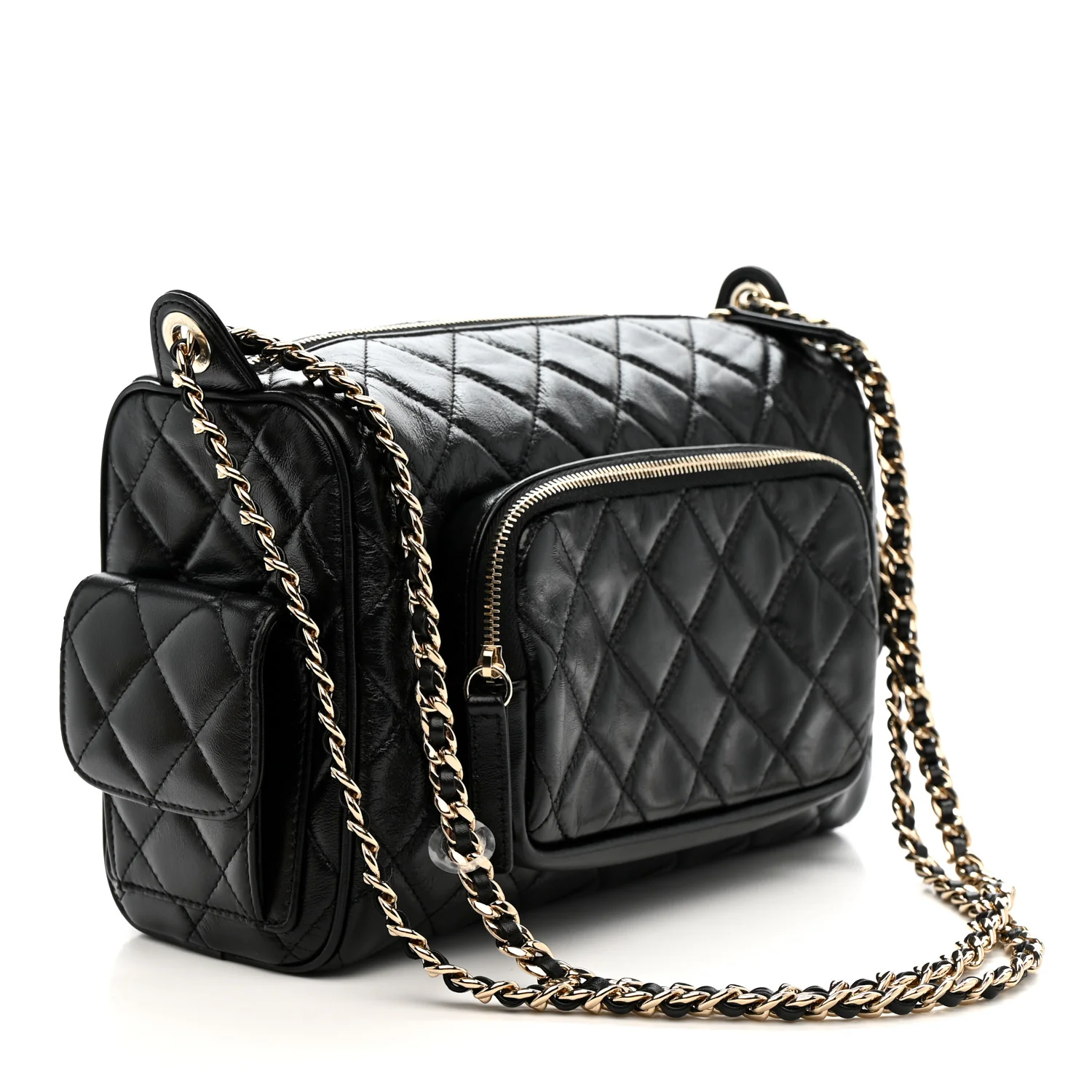 Shiny Crumpled Lambskin Quilted Medium Preppy Pocket Camera Case Black - Image 3