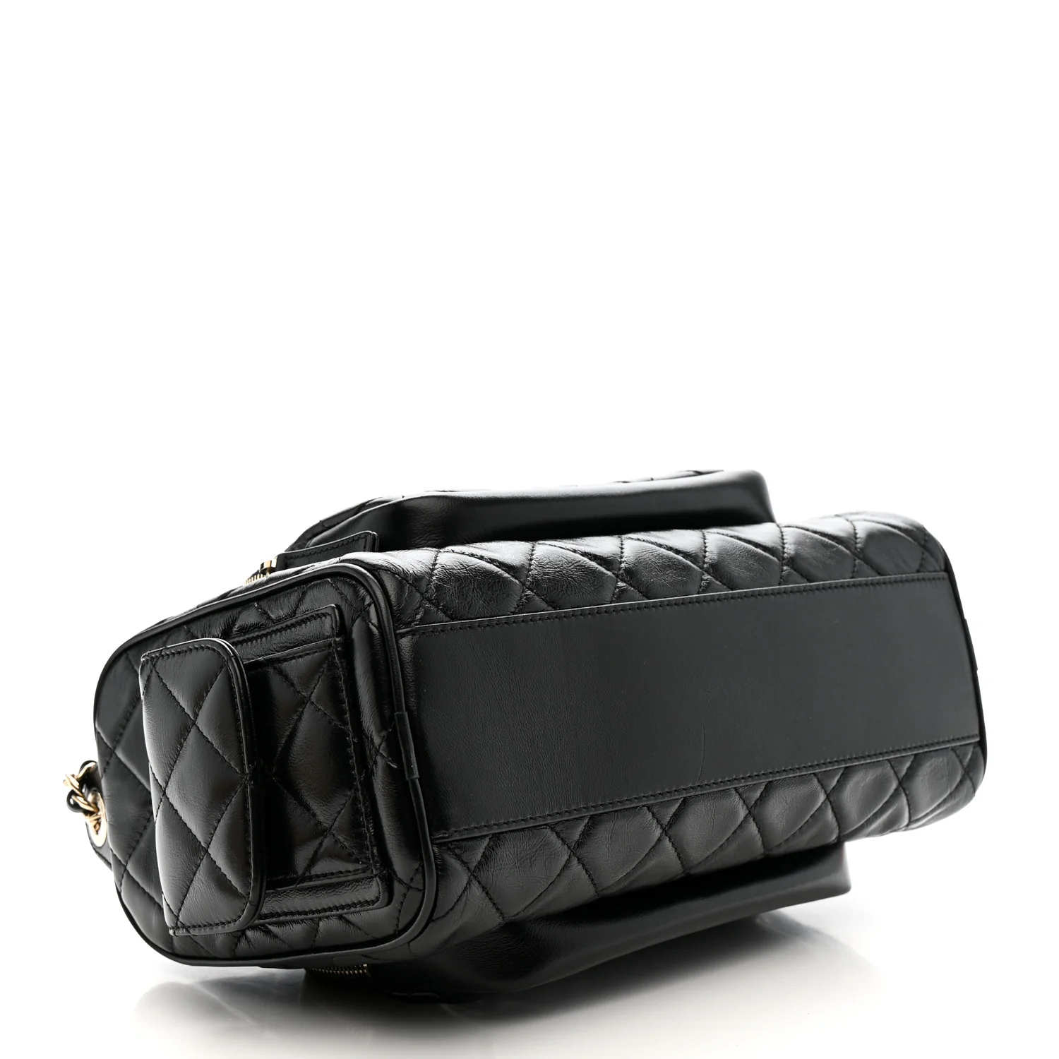 Shiny Crumpled Lambskin Quilted Medium Preppy Pocket Camera Case Black - Image 4