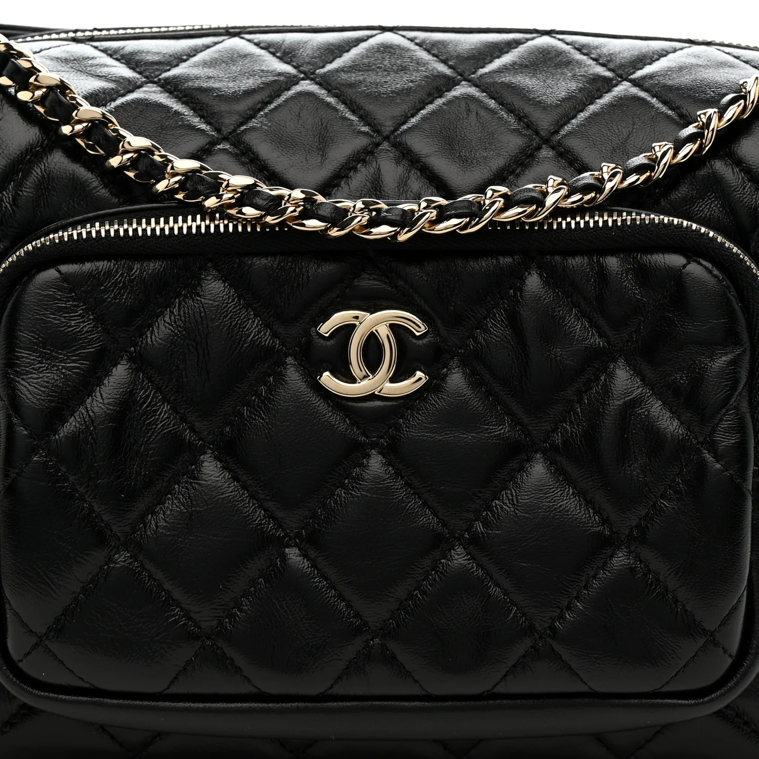 Shiny Crumpled Lambskin Quilted Medium Preppy Pocket Camera Case Black - Image 8