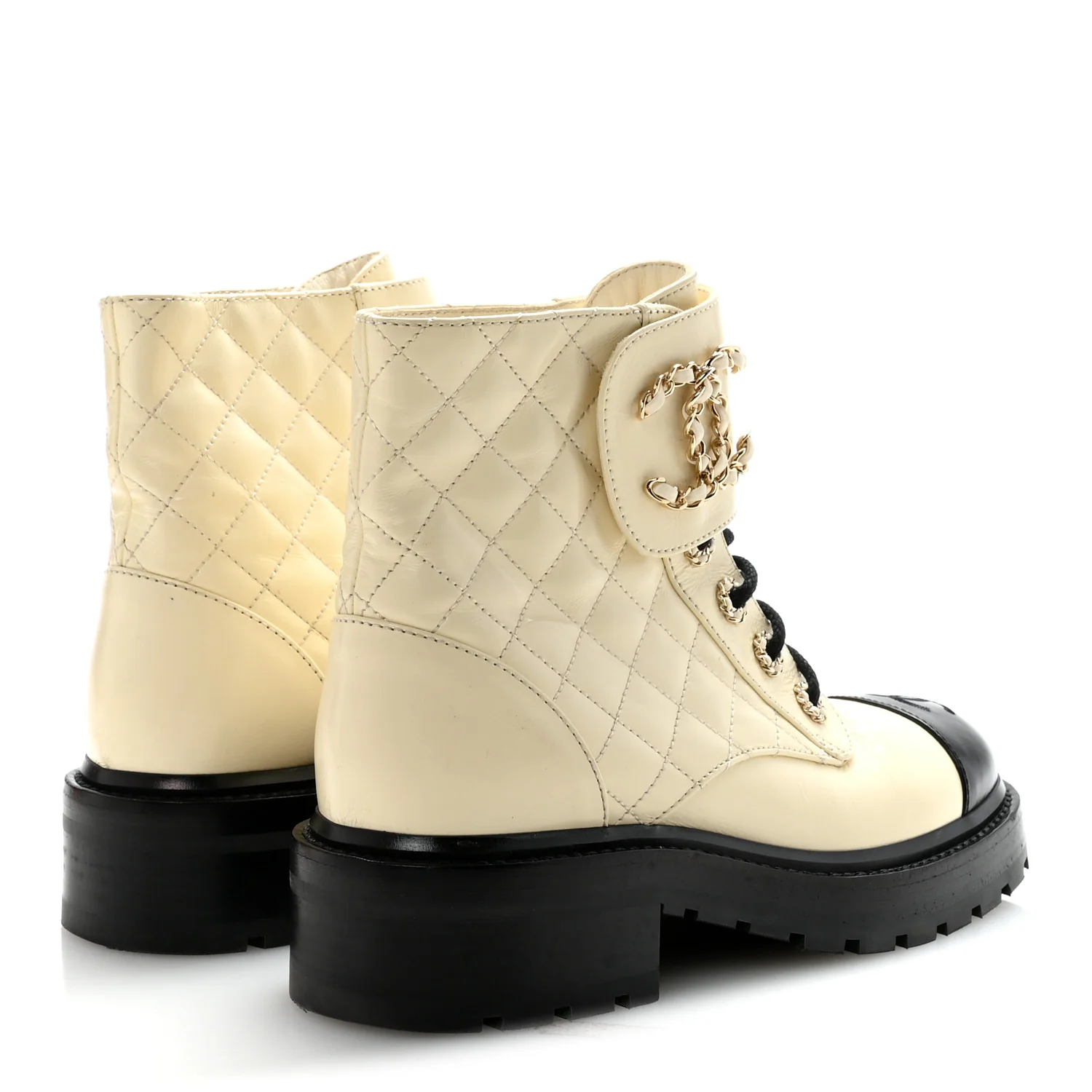 Shiny Goatskin Calfskin Quilted Lace Up Combat Boots 36 Ivory Black - Image 10