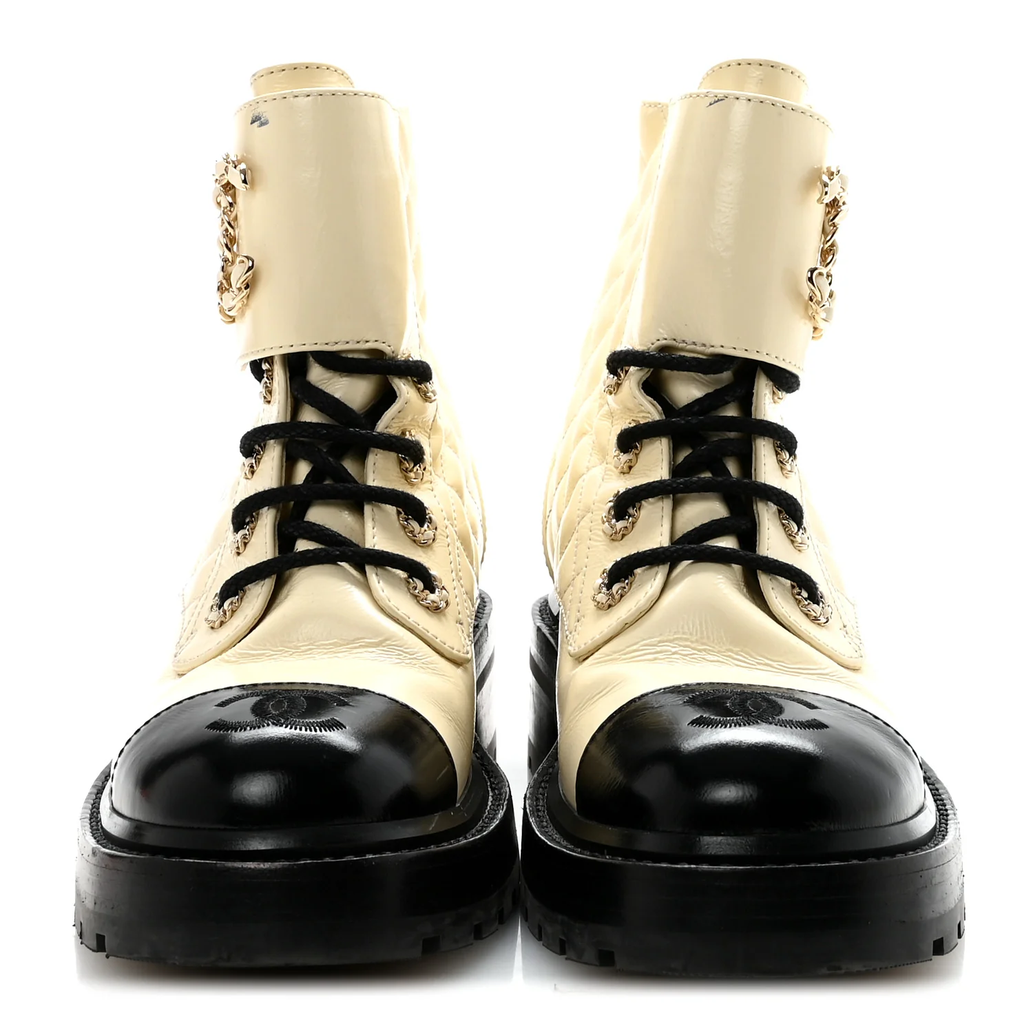 Shiny Goatskin Calfskin Quilted Lace Up Combat Boots 36 Ivory Black - Image 5