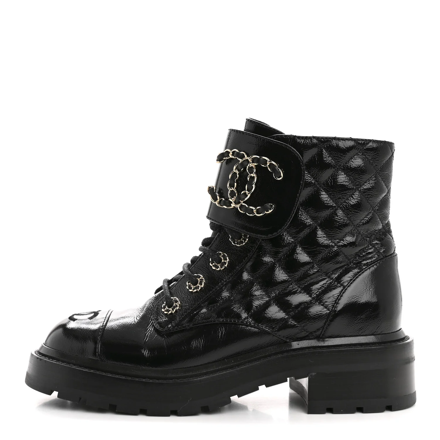 Shiny Goatskin Calfskin Quilted Lace Up Combat Boots 36.5 Black