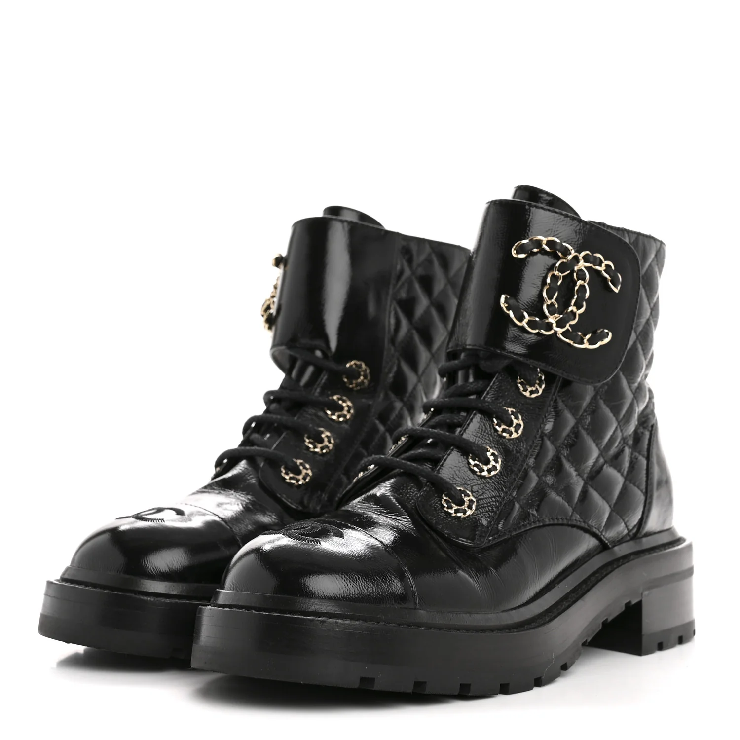 Shiny Goatskin Calfskin Quilted Lace Up Combat Boots 36.5 Black - Image 4