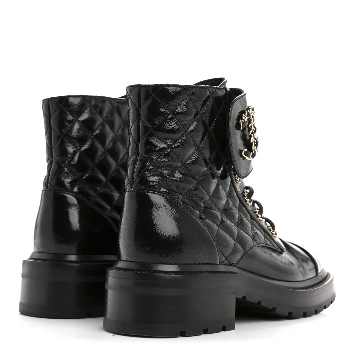Shiny Goatskin Calfskin Quilted Lace Up Combat Boots 36.5 Black - Image 5