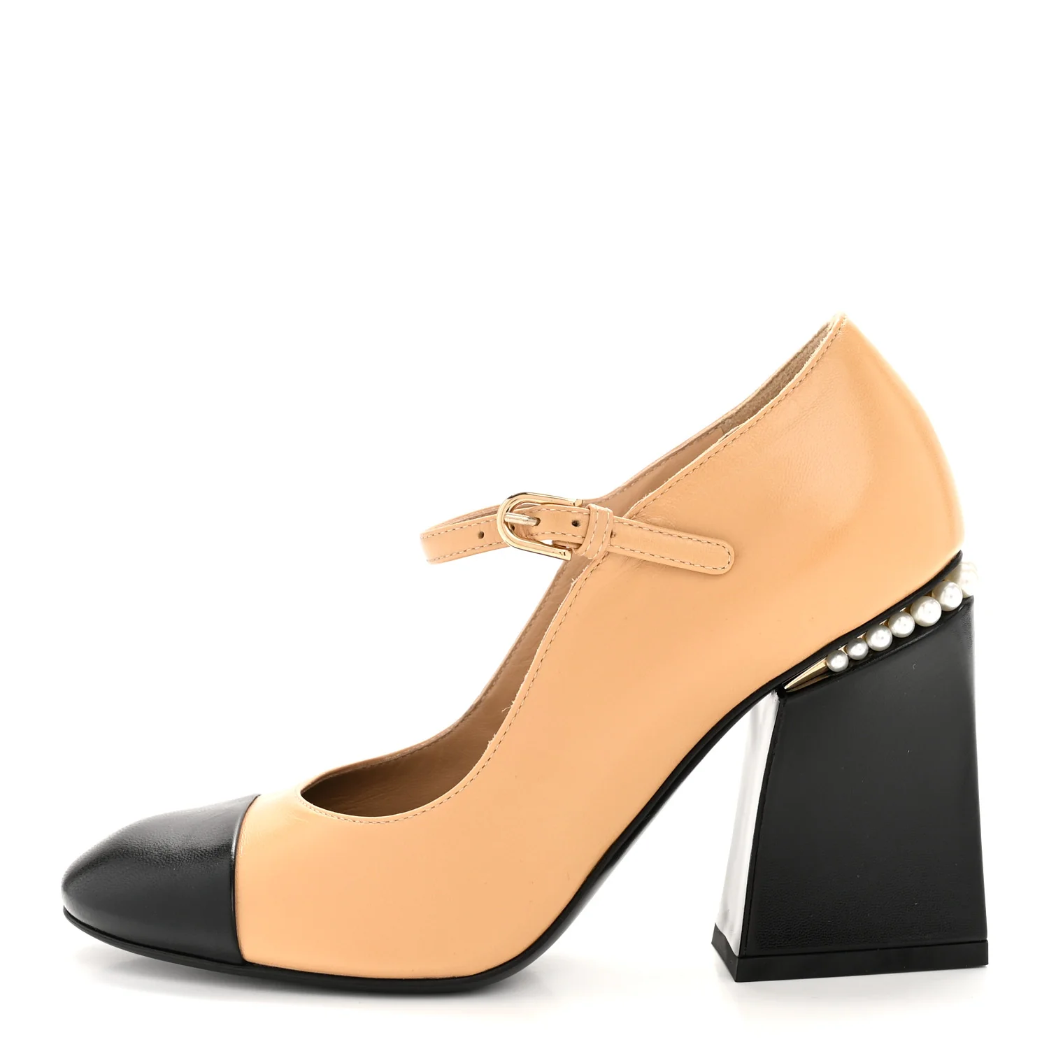Shiny Goatskin Pearls Cap Toe Open Slingback Pumps 36 Beige Black