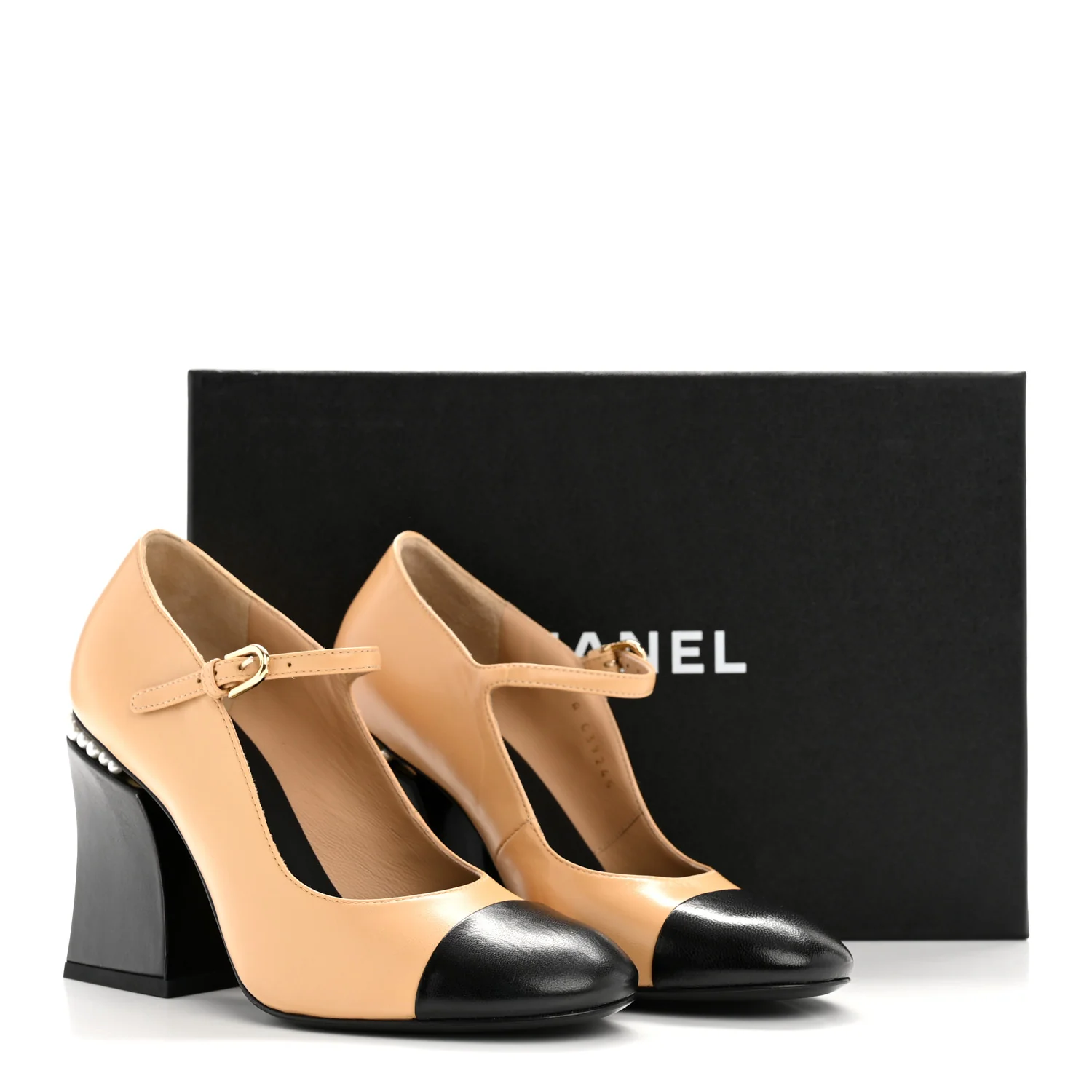 Shiny Goatskin Pearls Cap Toe Open Slingback Pumps 36 Beige Black - Image 10