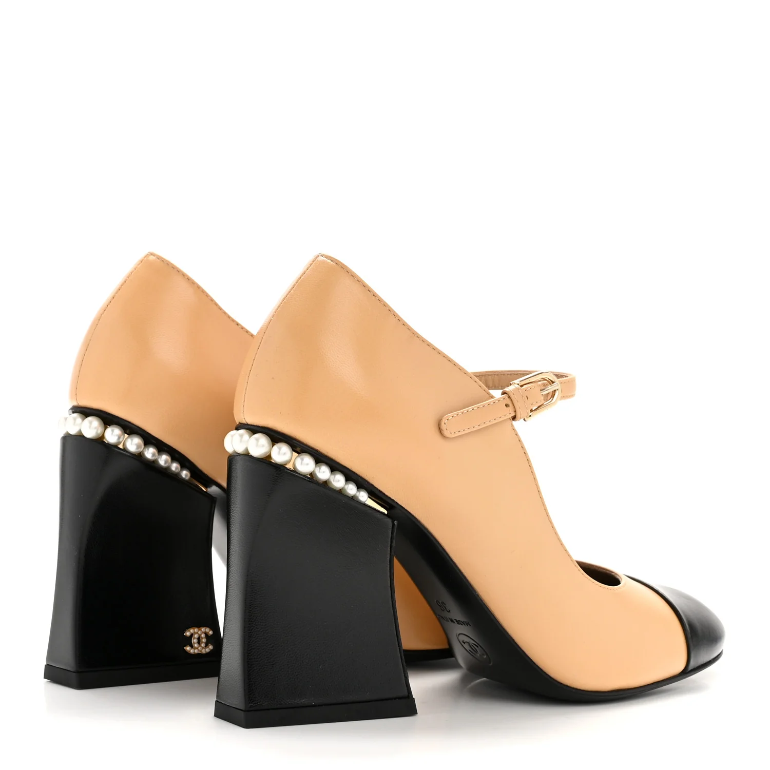 Shiny Goatskin Pearls Cap Toe Open Slingback Pumps 36 Beige Black - Image 5