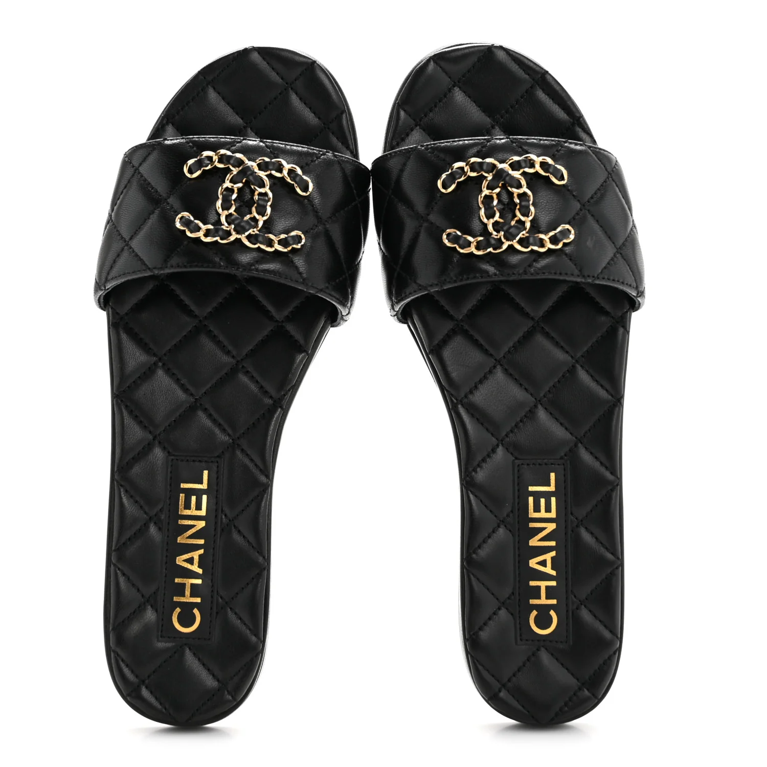 Shiny Goatskin Quilted CC Mules Sandals 36.5 Black - Image 3