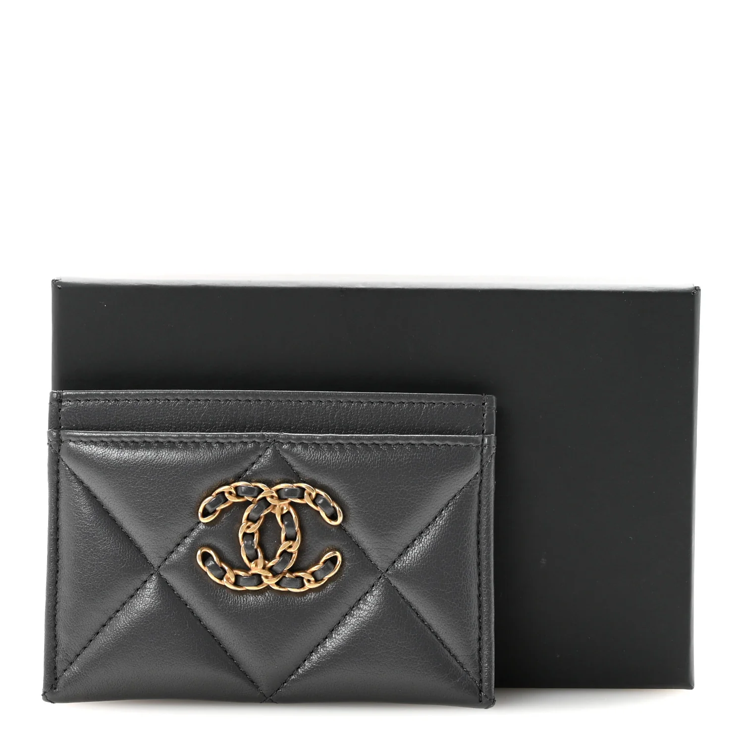 Shiny Goatskin Quilted Chanel 19 Card Holder Dark Grey - Image 9