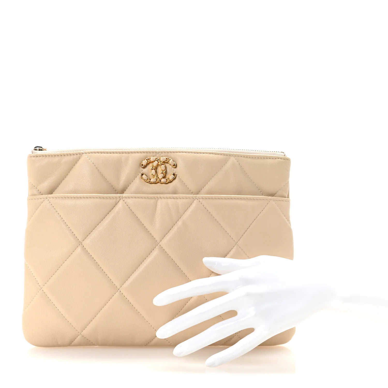 Shiny Goatskin Quilted Chanel 19 Pouch Beige - Image 2
