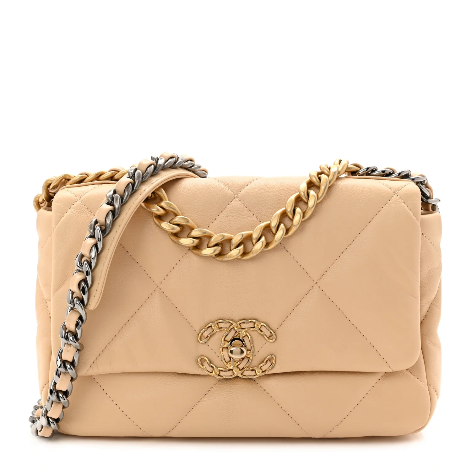 Shiny Goatskin Quilted Medium Chanel 19 Flap Beige