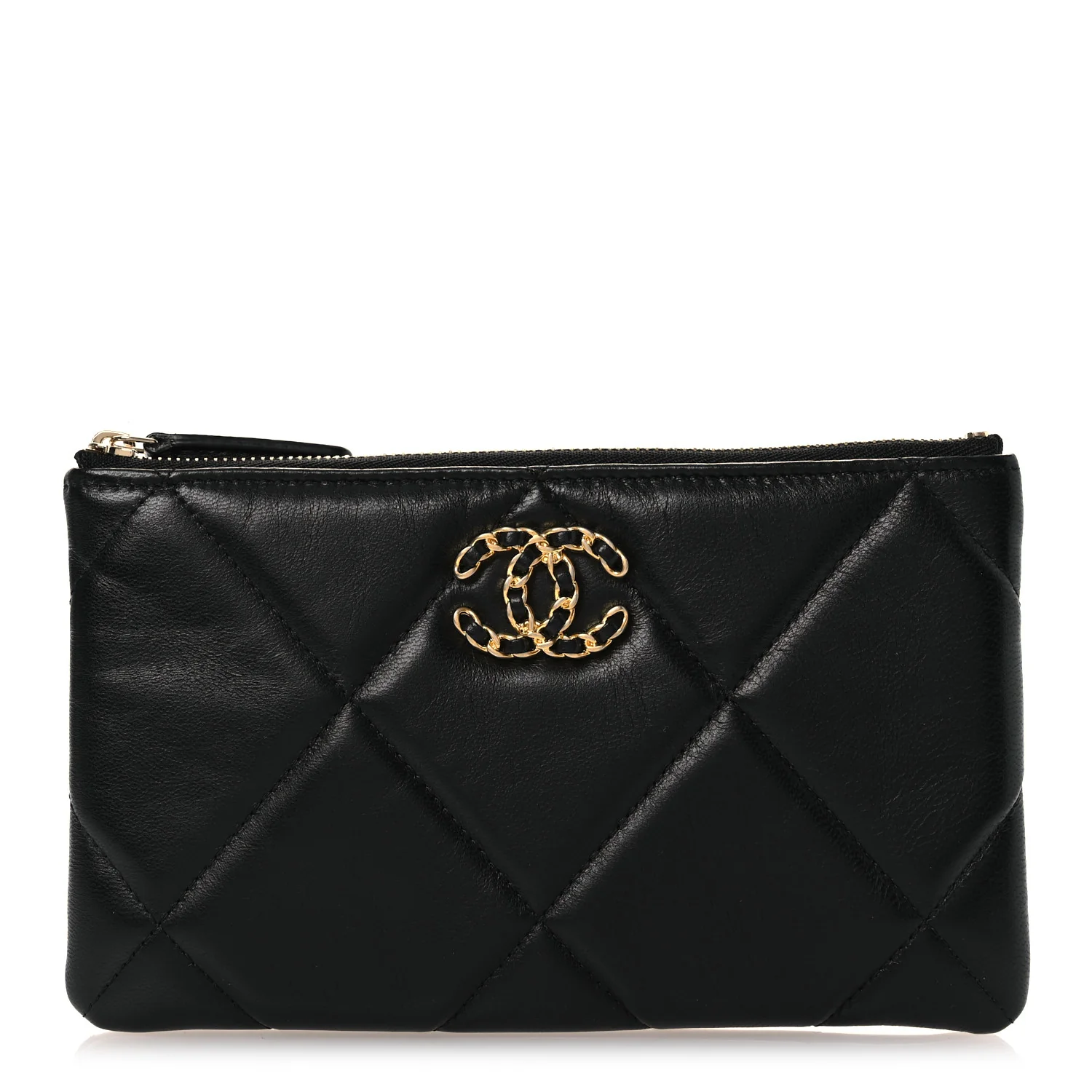 Shiny Goatskin Quilted Small Chanel 19 Pouch Black