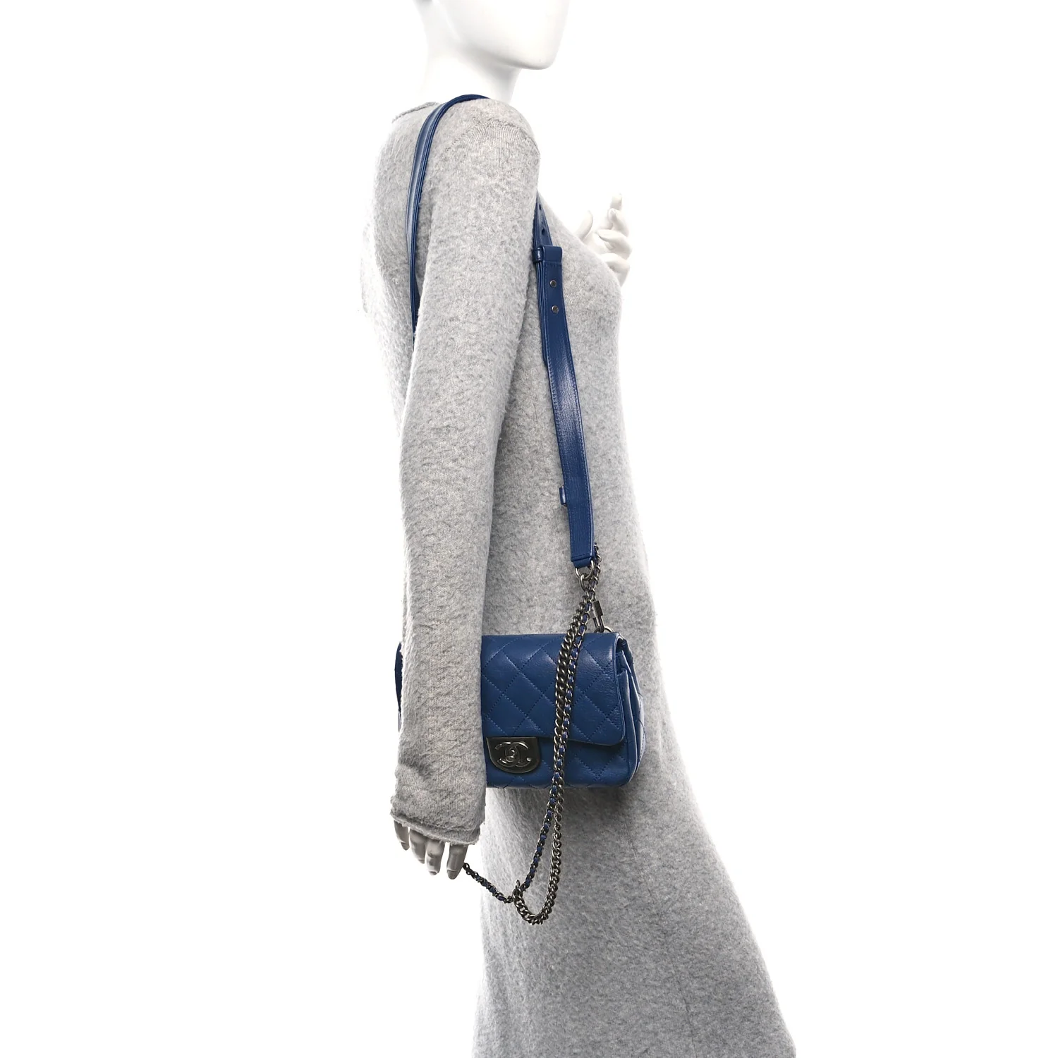 Shiny Goatskin Quilted Small Double Carry Waist Chain Flap Blue - Image 2