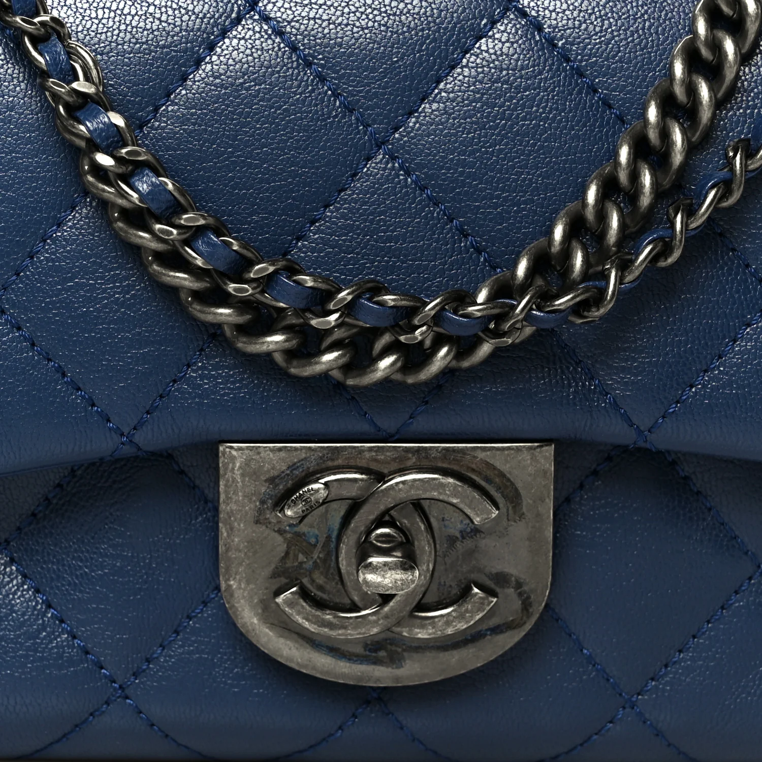 Shiny Goatskin Quilted Small Double Carry Waist Chain Flap Blue - Image 8