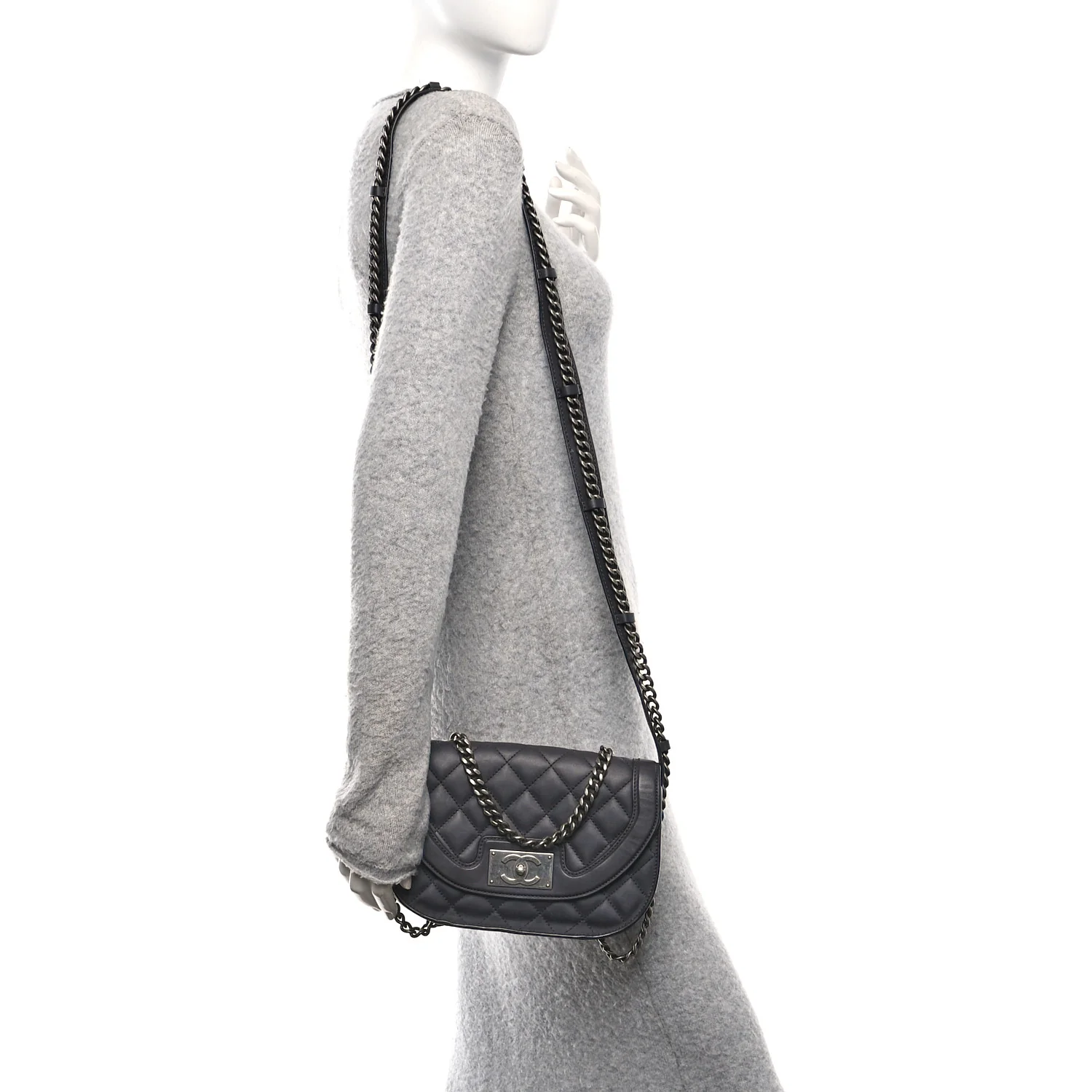 Shiny Goatskin Quilted Small Double Chained Messenger Flap Black - Image 2