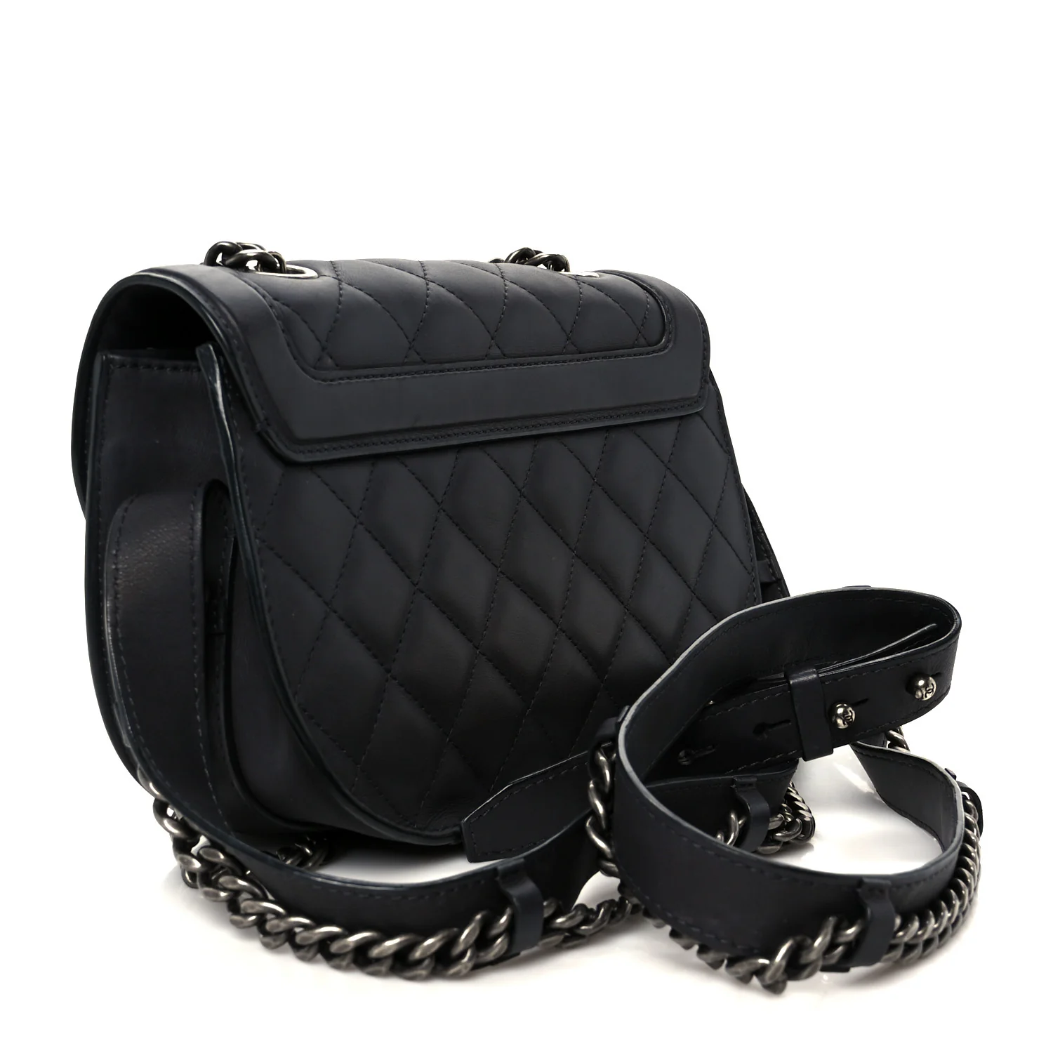 Shiny Goatskin Quilted Small Double Chained Messenger Flap Black - Image 3