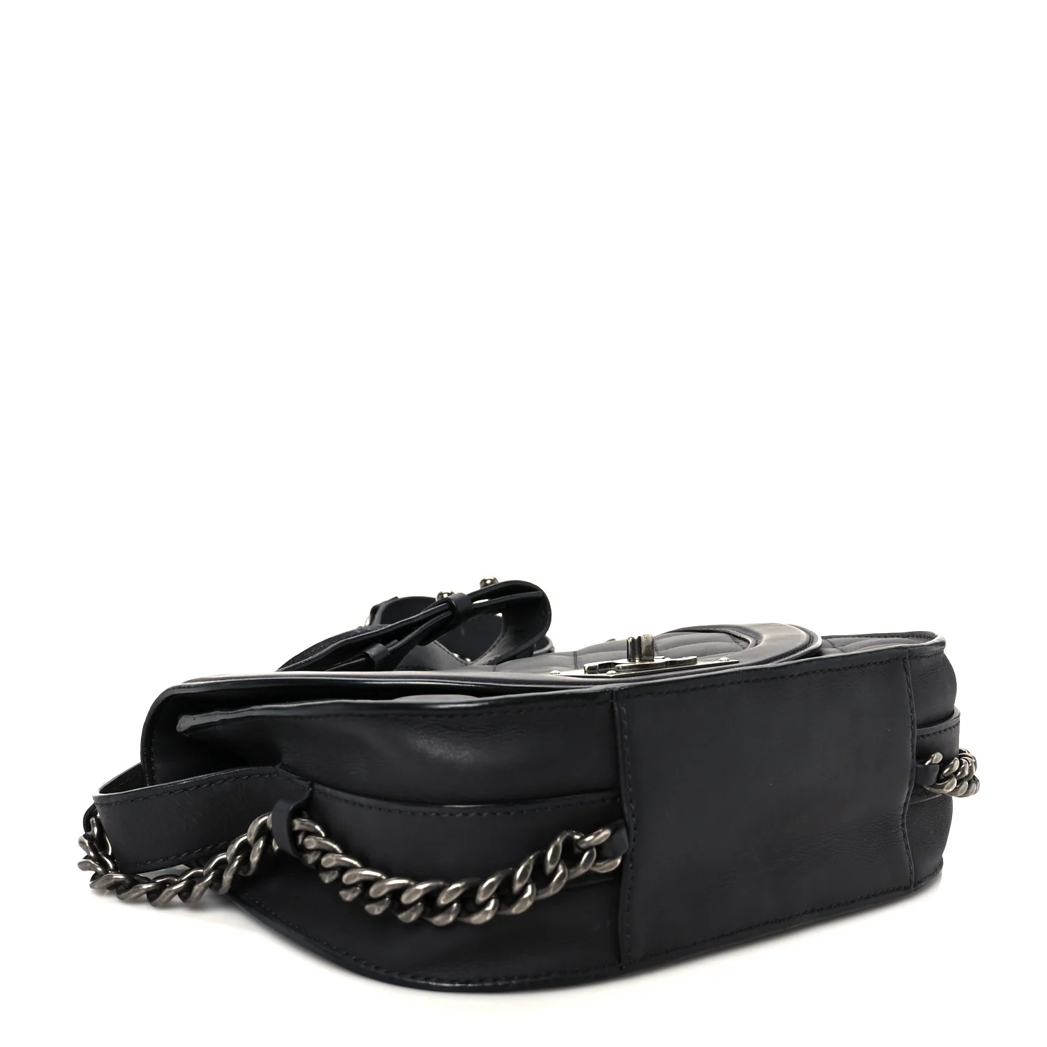 Shiny Goatskin Quilted Small Double Chained Messenger Flap Black - Image 4