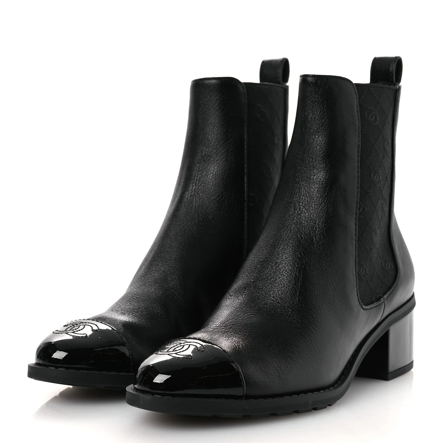 Shiny Grained Calfskin Patent Cap Toe Interlocking CC Short Boots 37.5 Black - Image 4