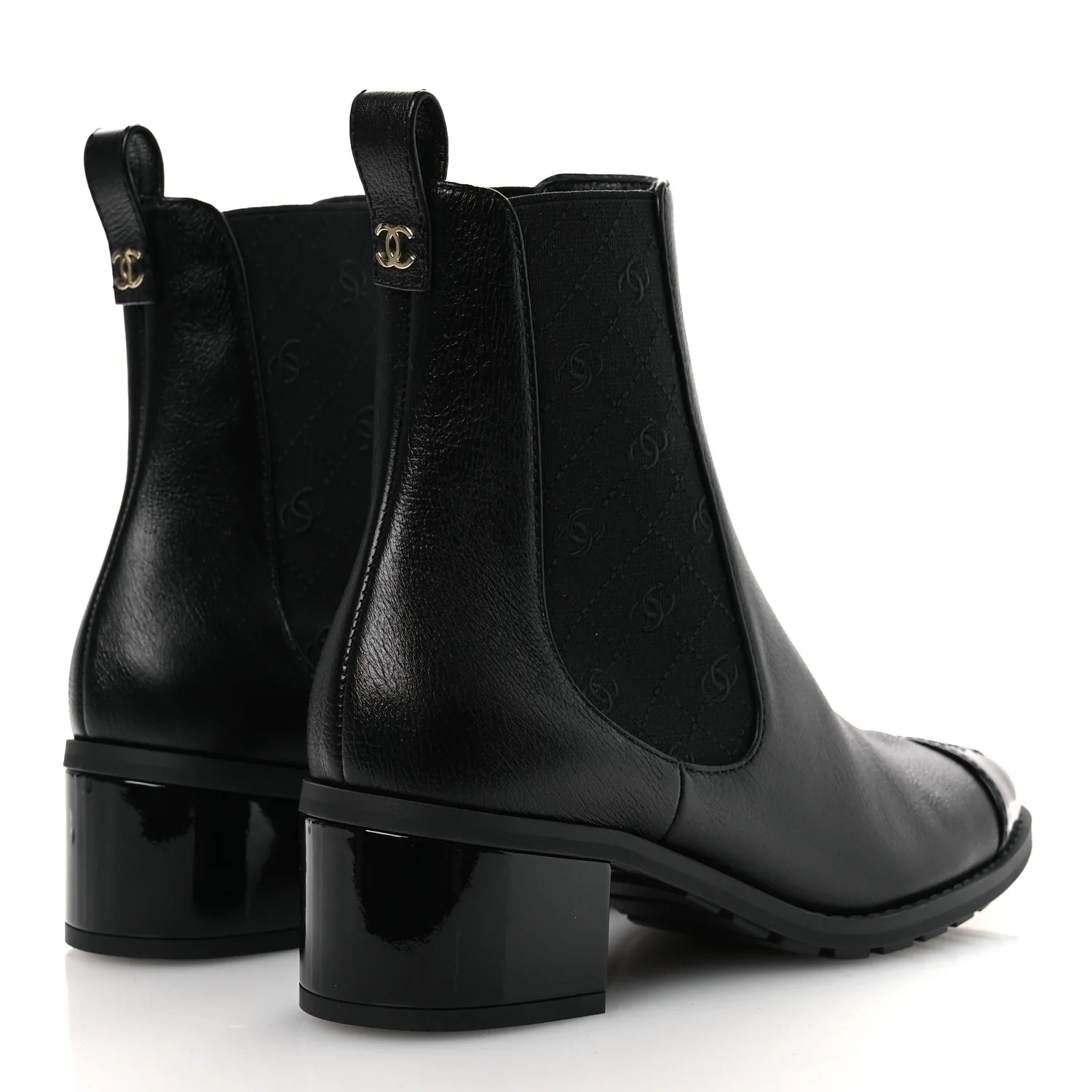 Shiny Grained Calfskin Patent Cap Toe Interlocking CC Short Boots 37.5 Black - Image 5