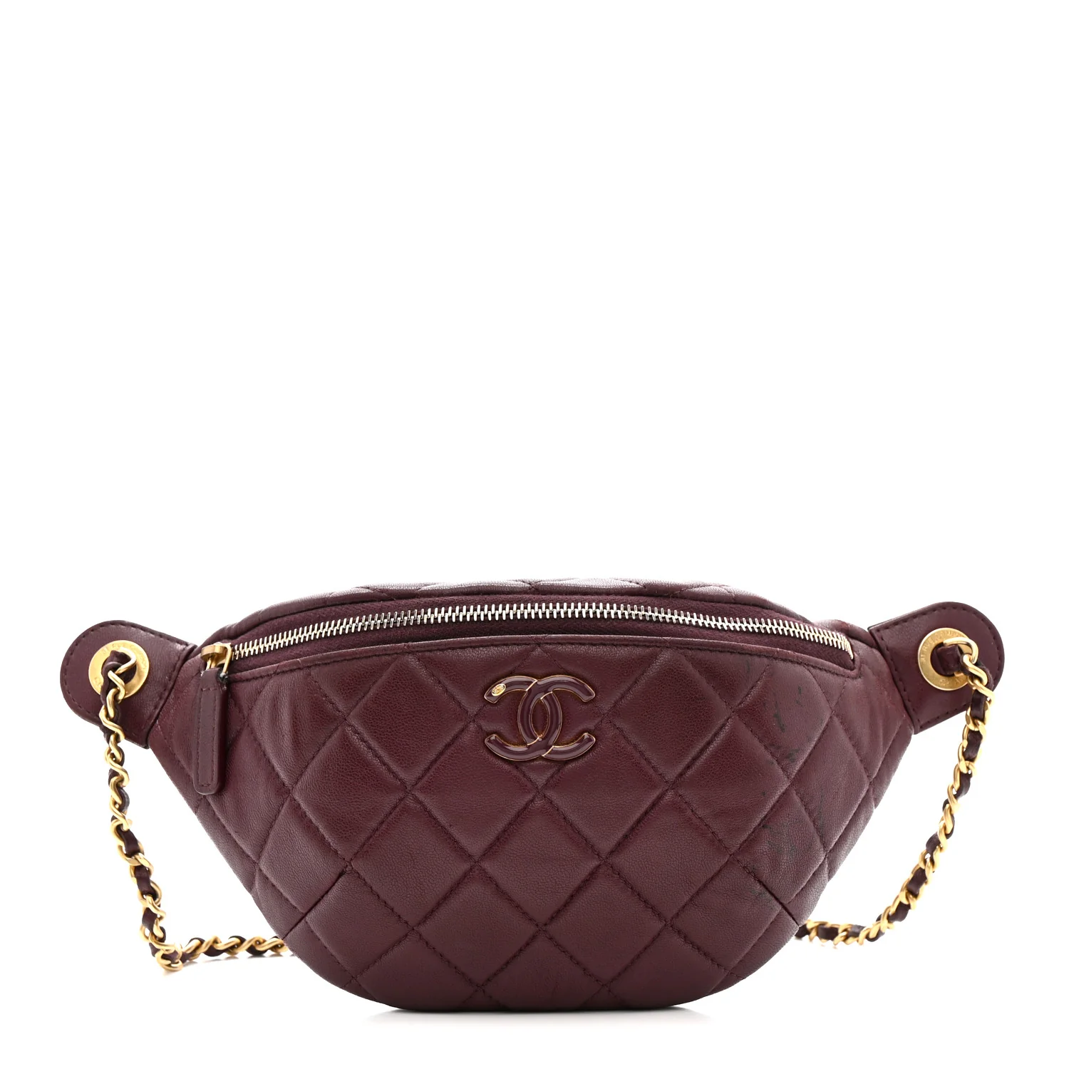 Shiny Lambskin Enamel Quilted CC Slide Waist Bag Fanny Pack  Burgundy