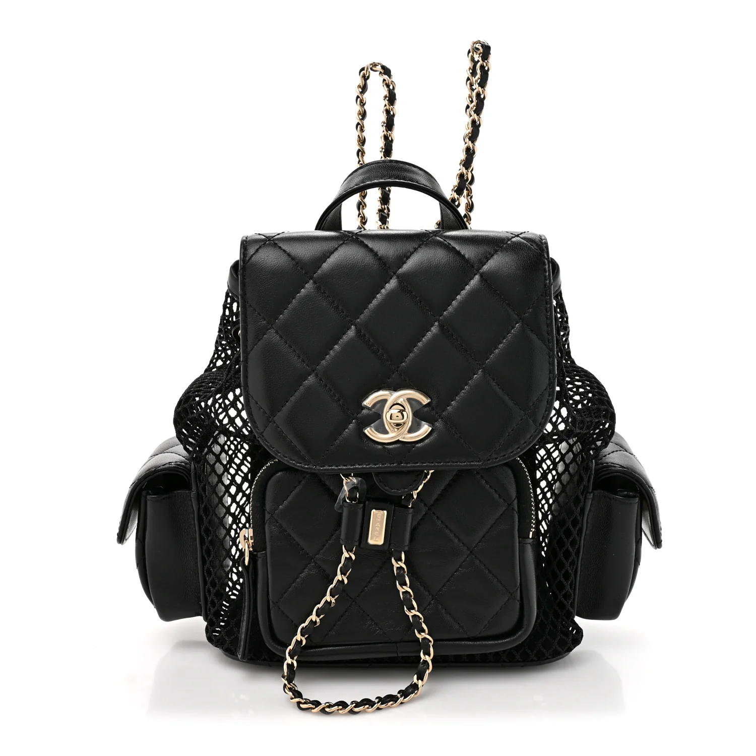 Shiny Lambskin Mesh Quilted Small Cargo Duma Drawstring Backpack Black